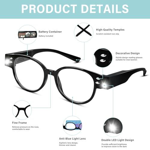 DuanMei Reading Glasses with Lights Bright LED Readers Magnifying Glasses with Lights Reading Glasses with LED Light Blue Light Blocking Glasses Lighted Magnifier Nighttime Reader Lighted Eye Glasses(+250)