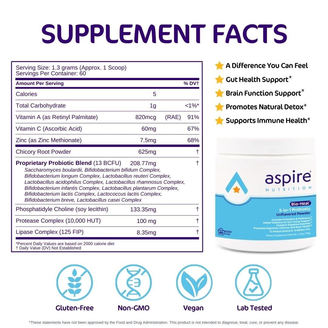 Aspire Nutrition Aspire Nutrition 5-in-1 Bio-Heal® Probiotic for Kids, Men & Women - Best Supplement for Brain Function, Gut Health & Constipation - Shelf Stable & Fortified with Vitamin, Mineral & Prebiotics - Powder
