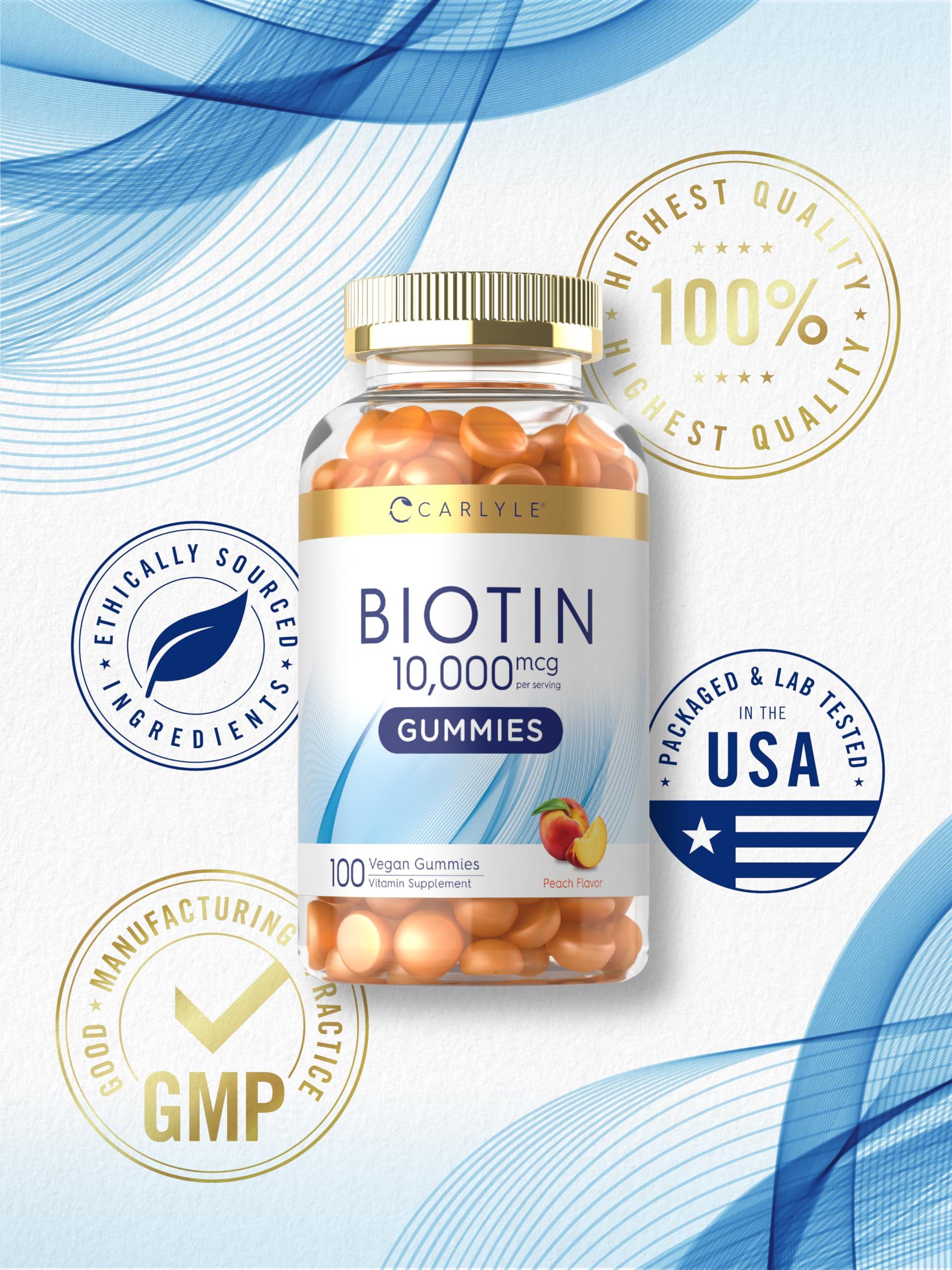 Carlyle Carlyle Biotin 10000mcg Gummies | 100 Count | Peach Flavor Supplement | Vegan, Non-GMO, Gluten Free