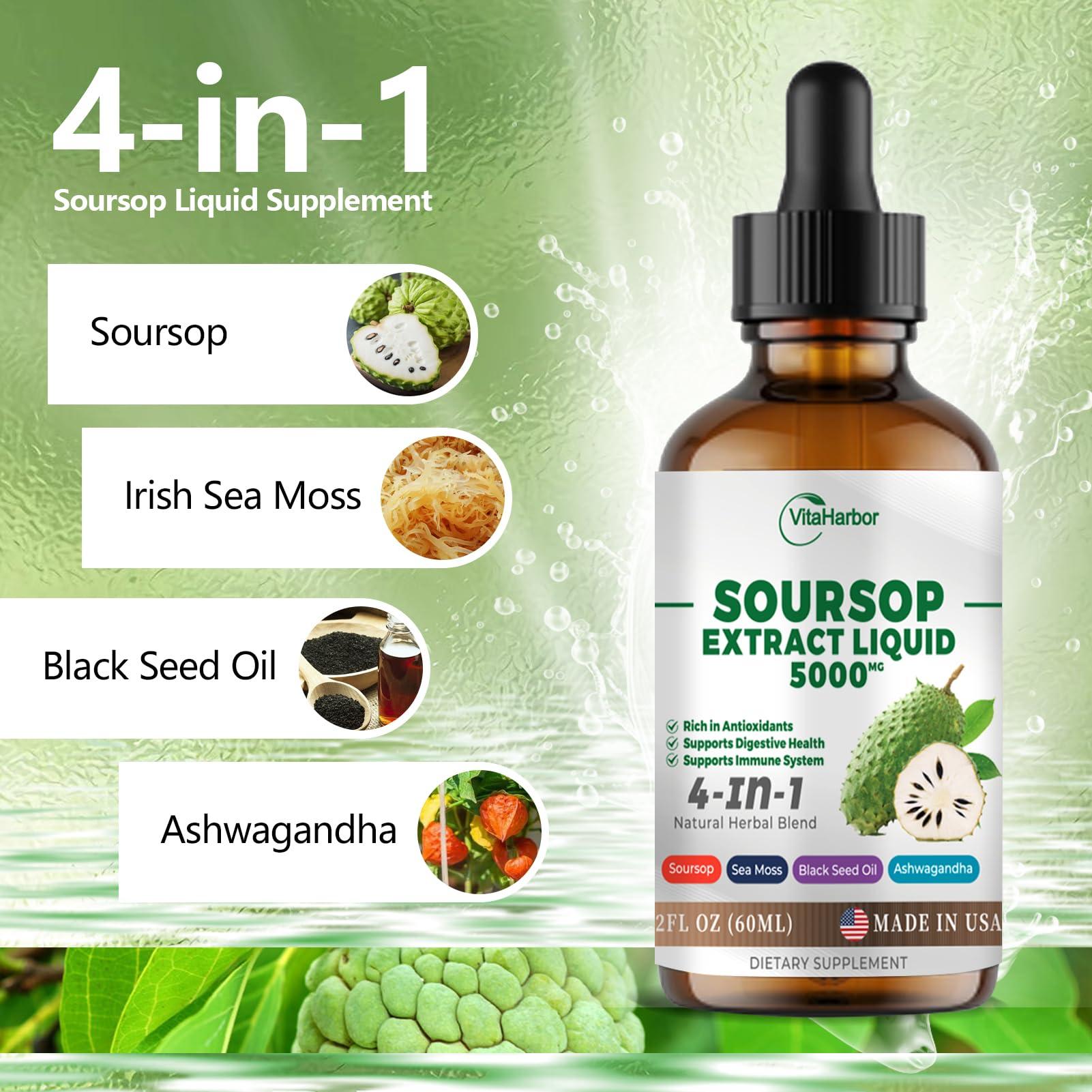 VitaHarbor 4-in-1 Soursop Bitters Liquid, Soursop Oil with Sea Moss & Black Seed Oil & Ashwagandha, for Immune & Digestive & Cell Support, Sugar-Free | Non-GMO | Vegan (2 Fl oz) Slightly Sweet Flavor