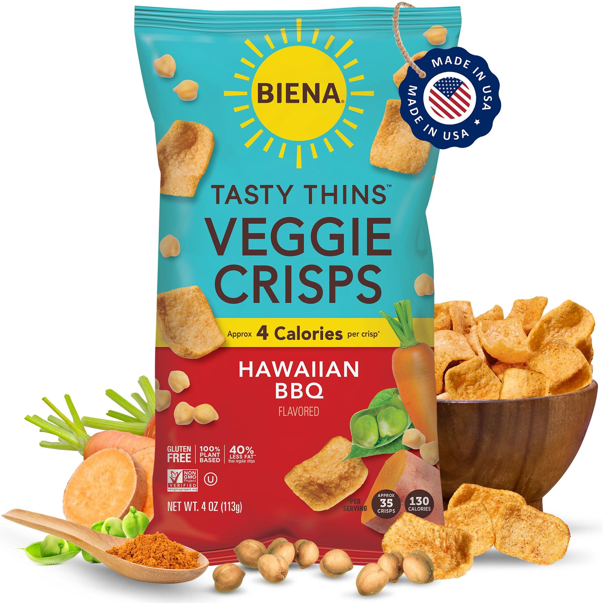 BIENA BIENA Tasty Thins Veggie Crisps - Low Calorie Veggie Chips for Adults and Kids - Individual Pack, 4 Ounce Bags - Hawaiian BBQ