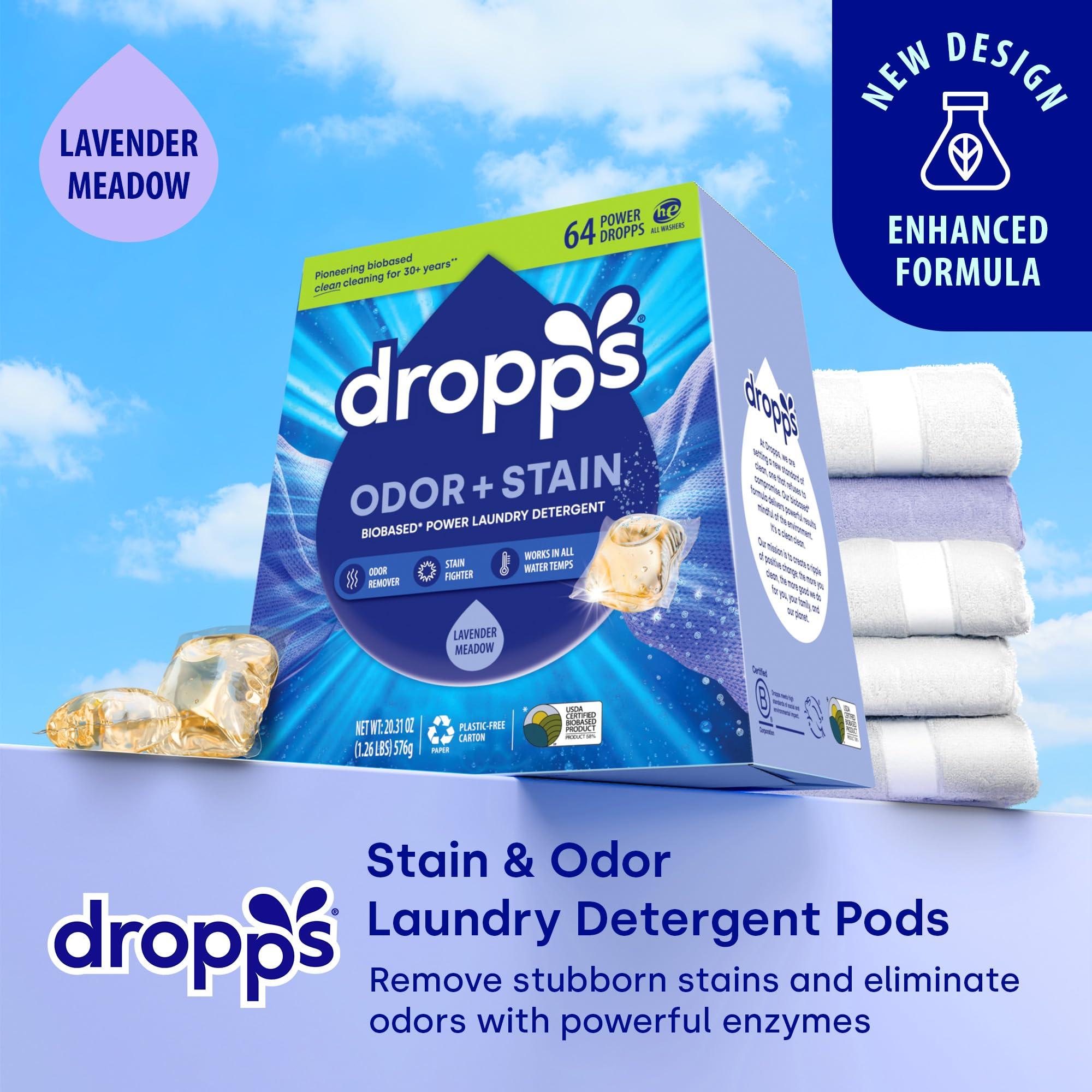 dropps Dropps Odor & Stain Biobased Power Laundry Detergent Pods, Lavender Meadow (64 Pods) - HE Compatible Laundry Pods for Fresh Clothes - Washing Detergent Soap Supplies & Recyclable Paperboard Packaging