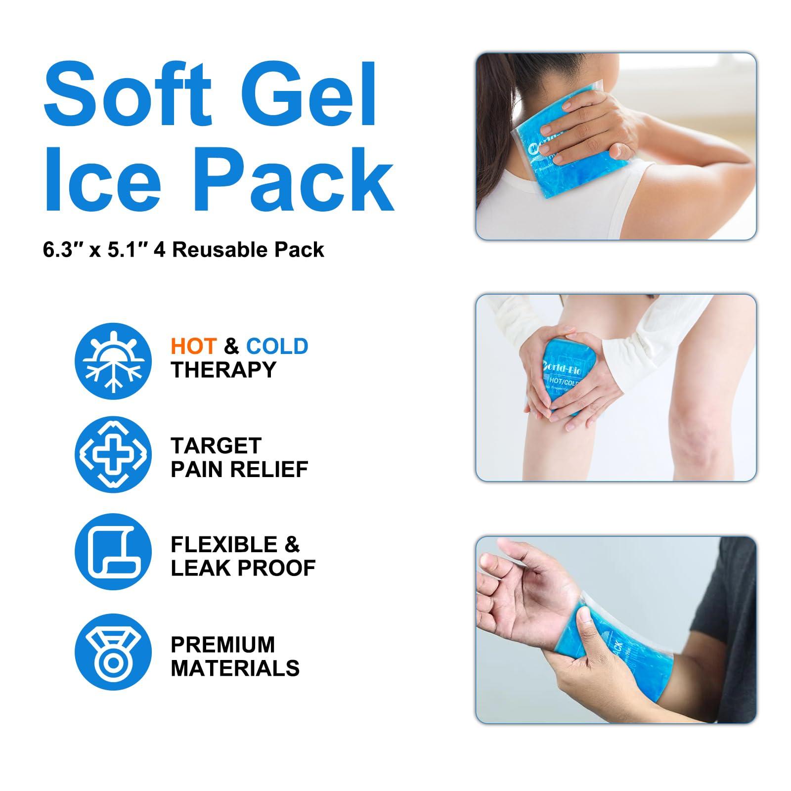 MR.ICE Reusable Gel Ice Packs (4 Pack) - Hot Cold Pack for Injuries, Pain Relief, Migraines - Gel Ice Pack Cold Compress for Back, Neck, Foot and Wrist - Flexible Cold Packs for Injuries - 5.1\" x 6.5\"