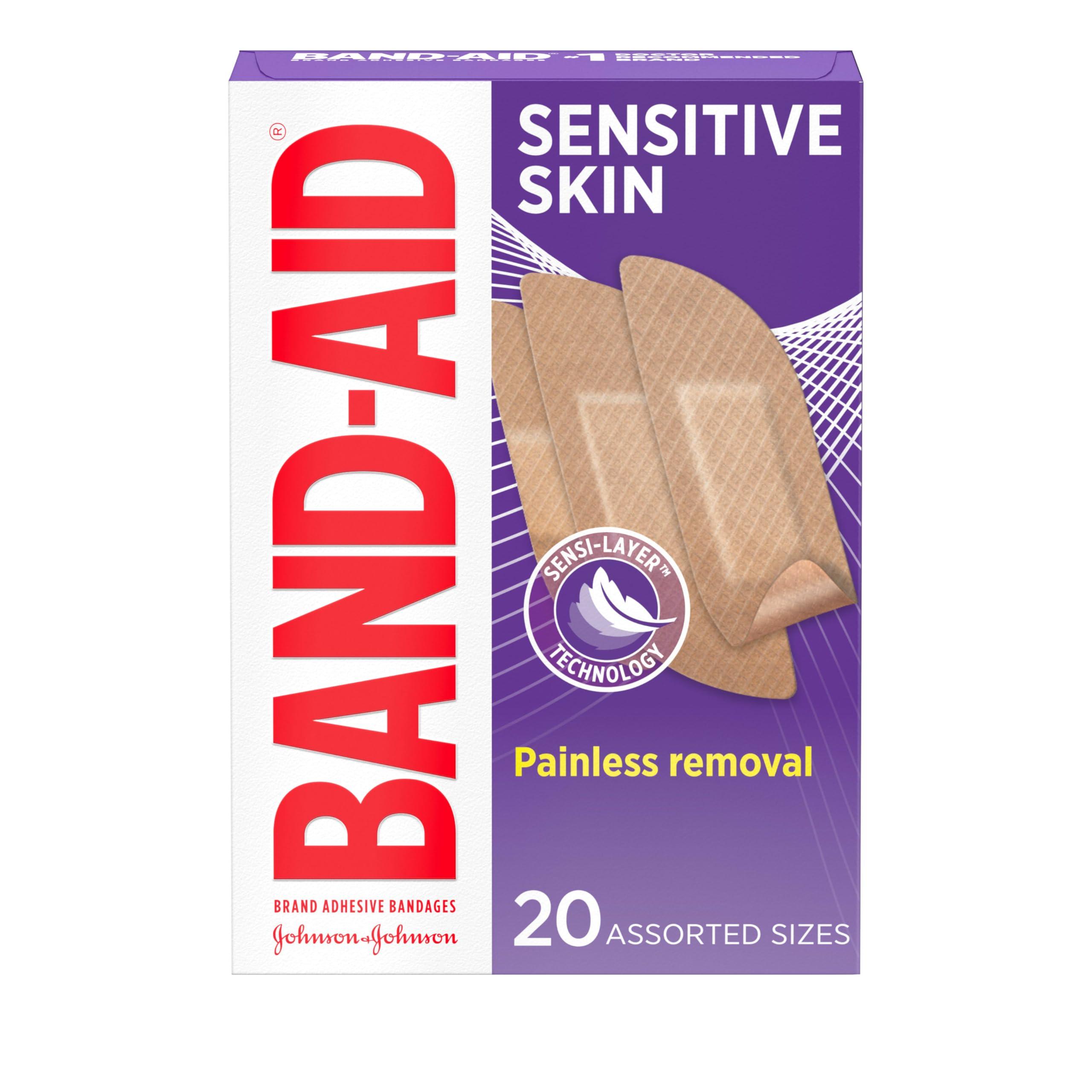 Band-Aid Band-Aid Brand Adhesive Bandages for Sensitive Skin, Hypoallergenic First Aid Bandages with Painless Removal, Stays on When Wet & Suitable for Eczema Prone Skin, Sterile, Assorted, 20 ct