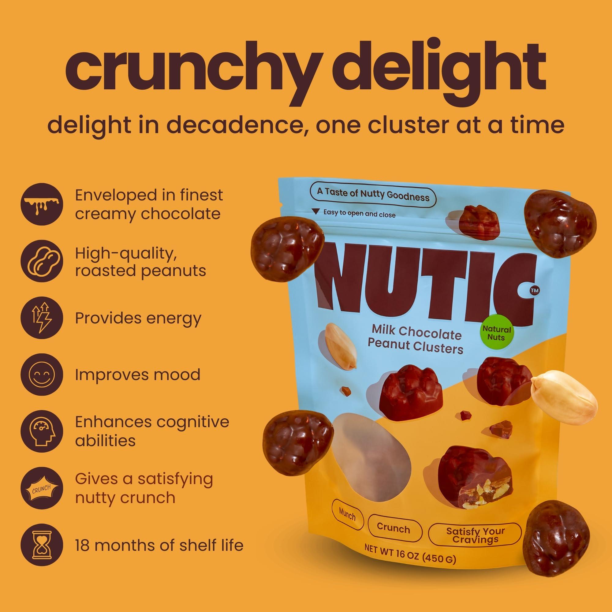 Nutic Nutic Gourmet Milk Chocolate Peanut Clusters - 1 lb, Crunchy Peanuts in Velvety Chocolate, Ideal Snacks & Gifts, Chocolate Covered Peanut Delight, Made in the USA - Pack of 1