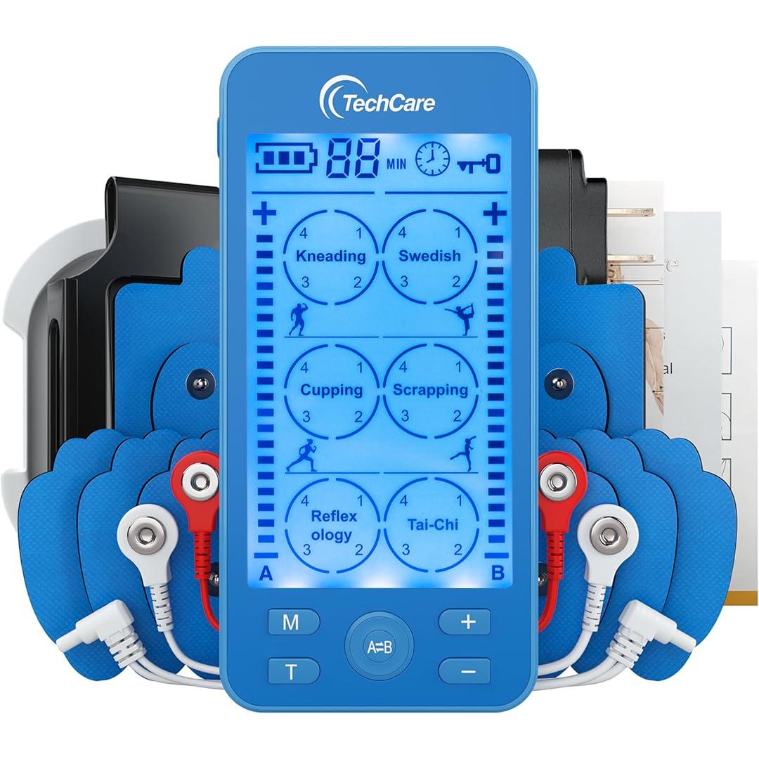 TechCare Massager Tens Unit Plus 24 Rechargeable Electronic Pulse Massager Machine Multi Mode Device with All Accessories (Blue)