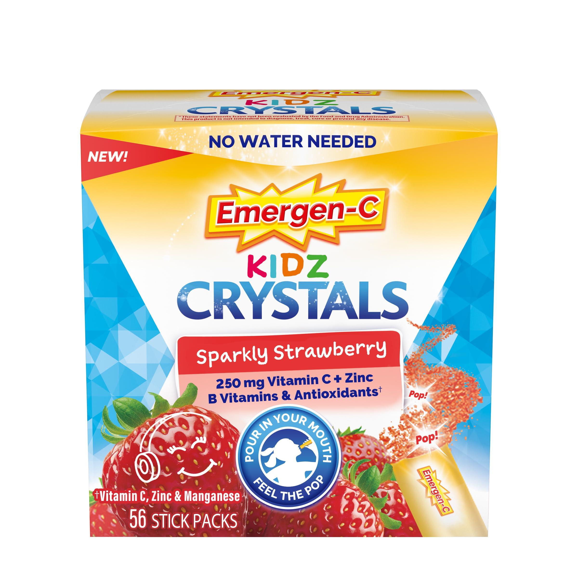 Emergen-C Emergen-C Kidz Crystals, Stocking Stuffer, On-the-Go Emergen-C Immune Support Supplement with Vitamin C, B Vitamins, Zinc and Manganese, Sparkly Strawberry - 56 Stick Packs