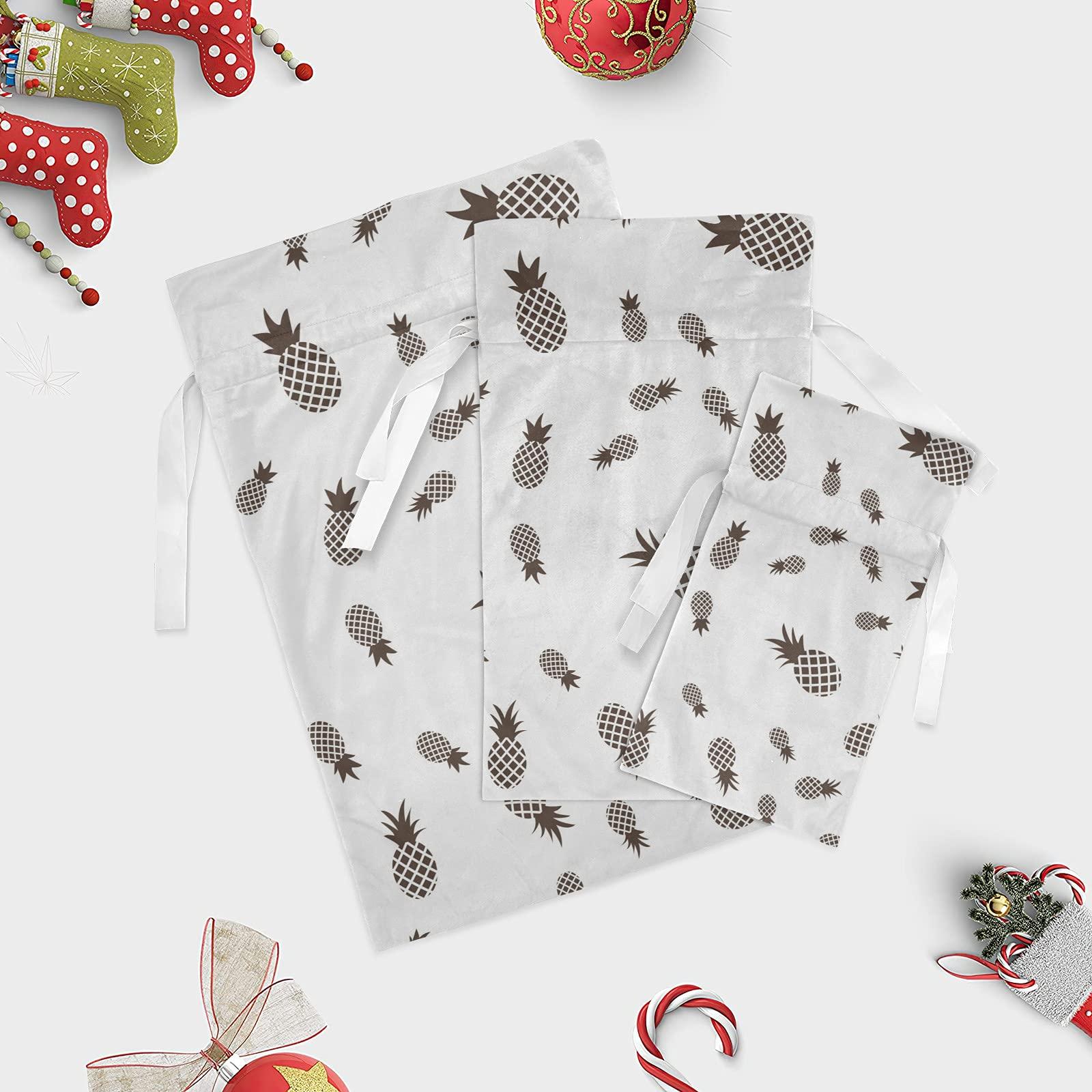BEYODD Black and White Pineapple 3 Pack Christmas Gift Bags, Drawstring Xmas Bag, Gift Wrapper Bag for Holiday and Parties