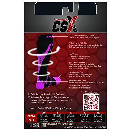 Champion CSX CSX Compression Socks for Men and Women, Knee High, Recovery Support, Athletic Sport Fit, Pink on Black, X-Small (15-20 mmHg)