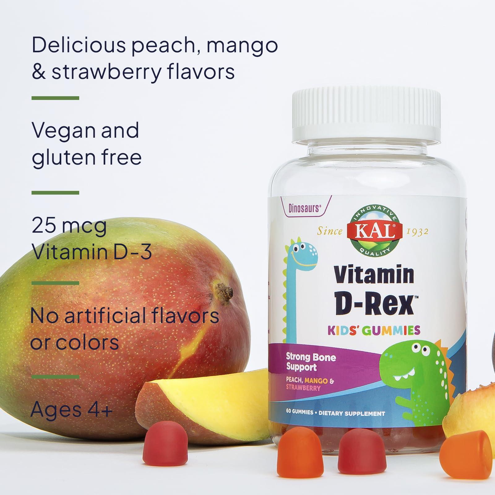 KAL KAL Vitamin D-Rex - Vitamin D Gummies for Kids - Kids Vitamin D3 - Peach, Mango, and Strawberry Flavors - Immune, Heart, Bone & Oral Support - Vegetarian, Gluten Free - 60 Servings, 60 Gummies
