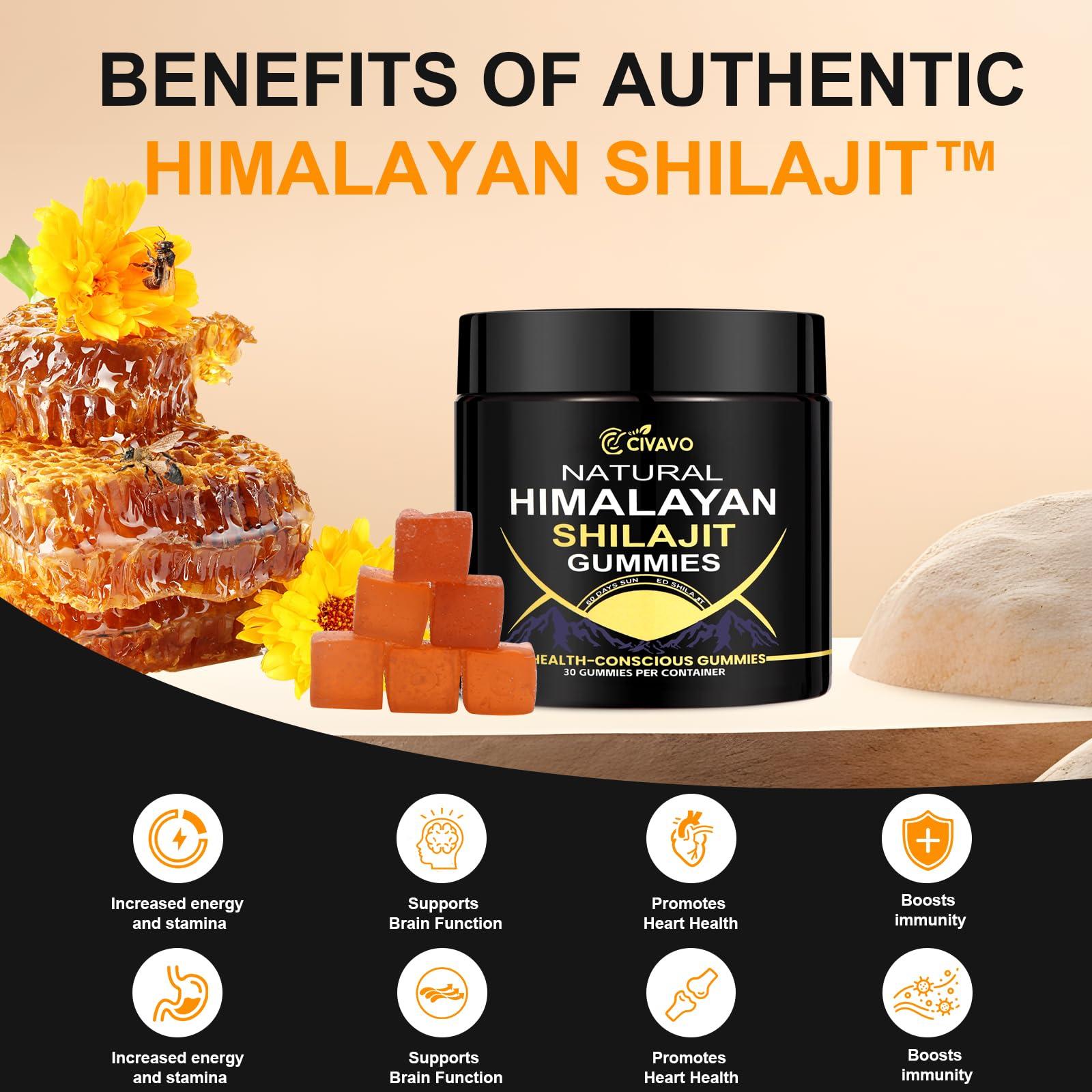 Civavo Natural Himalayan Shilajit Gummies, Organic Natural Shilajit Gummies for Men & Women, Supports Natural Energy and Strength, 30 Count