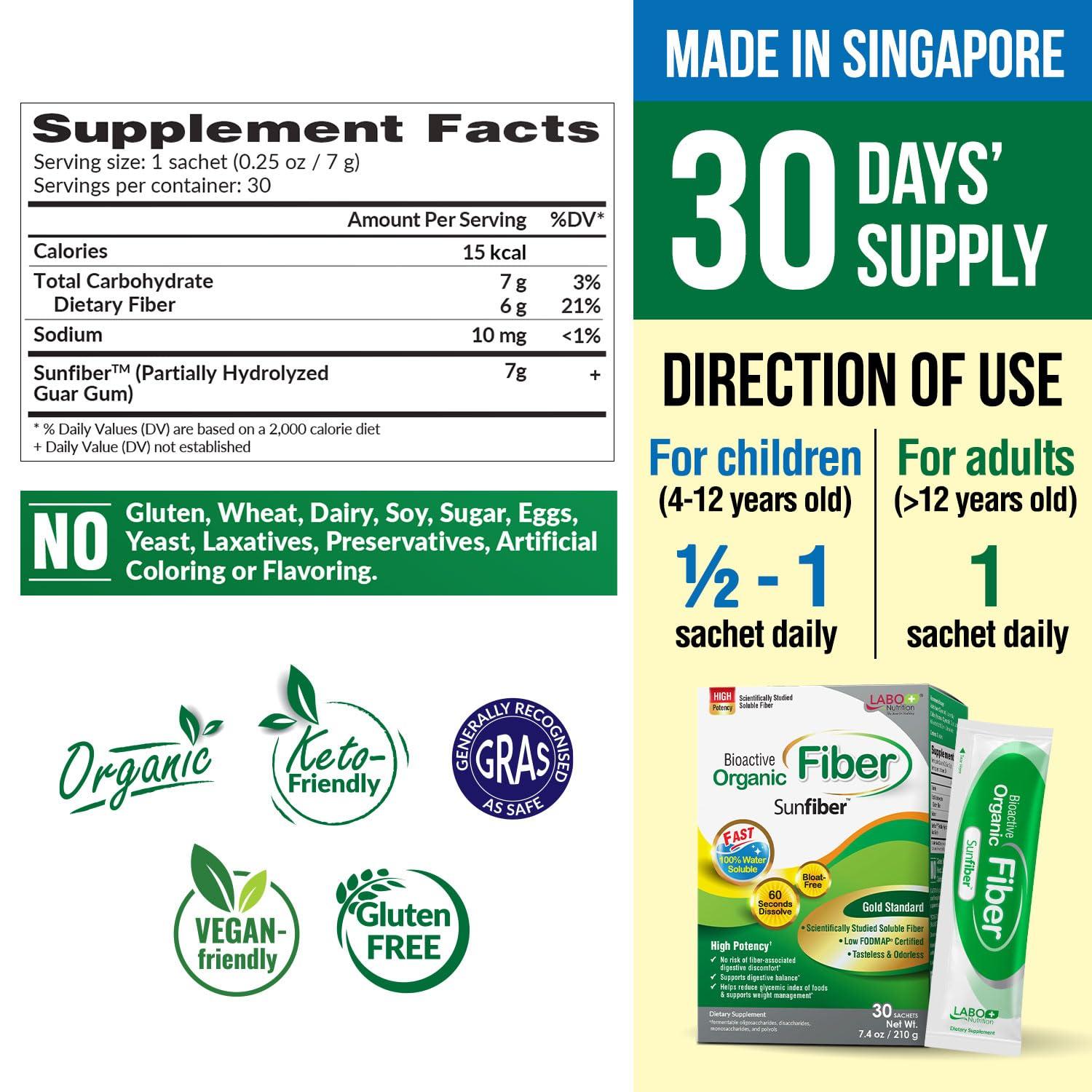 LABO Nutrition LABO Nutrition Bioactive Organic Fiber, Sunfiber Soluble Prebiotic Fiber Supplement, Support Healthy Digestive, Intestinal, Wellness with Partially Hydrolyzed Guar Gum, Low-FODMAP, Non-GMO, 30 Sachets