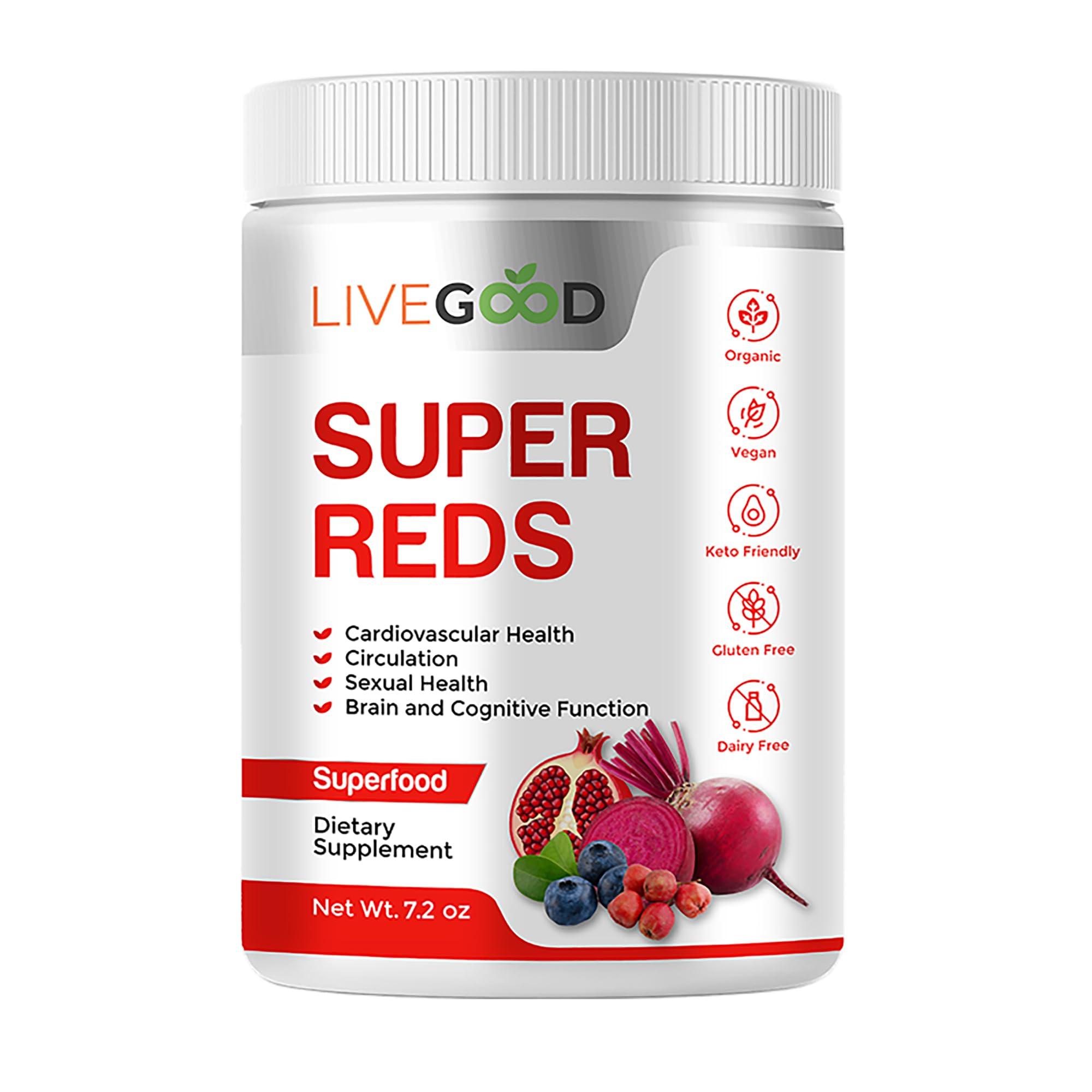 LIVEGOOD LIVEGOOD Organic Super Reds with Alfalfa, Barley Grass, Beet Root, Pomegranite, Grape Seed, Vegan, Gluten Free, 7.2 oz.