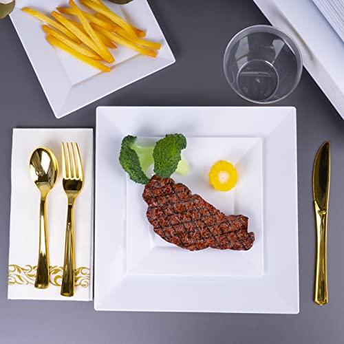 Goodluck Goodluck 100 Pack Disposable Square Plastic Plates, Heavy Duty 50pcs Dinner Plates 9.5\" and 50pcs Dessert Plates 6.5\", Fancy Disposable Plates for Wedding, Holiday Party, Birthday, White