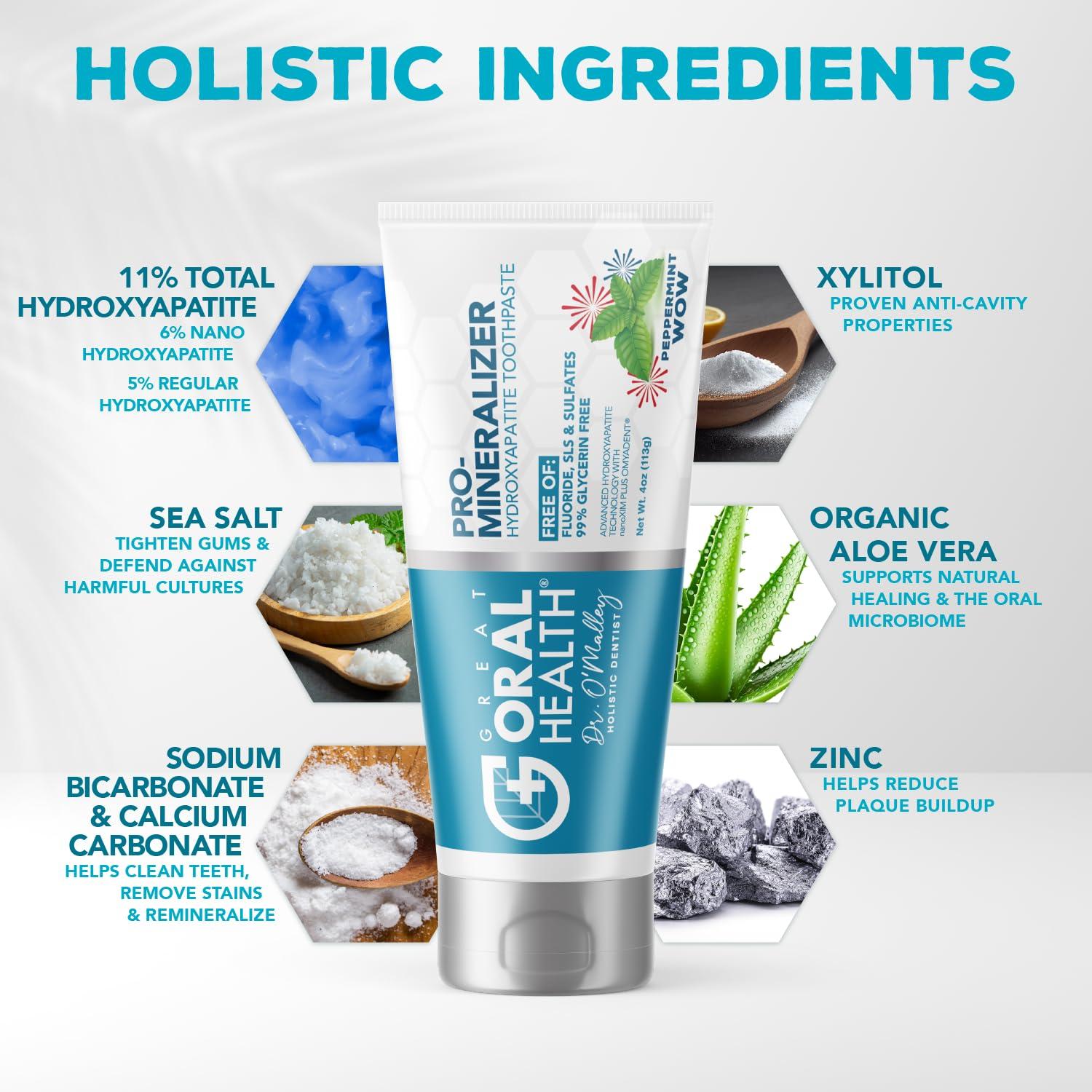 Great Oral Health Nano hydroxyapatite Toothpaste Fluoride-Free, Pro Mineralizer Toothpaste: Dentist Formulated Remineralizing Anti Cavity Xylitol Toothpaste, Enamel Support Sensitive Teeth Toothpaste Peppermint Wow