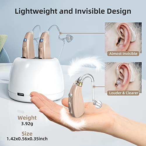 LUXATO Hearing Aids for Seniors and Adults, Behind-The-Ear (BTE) Hearing Amplifier with DSP Digital Chip & Dual Noise Cancellation, Digital Hearing Amplifier with Charging Dock (Pair)