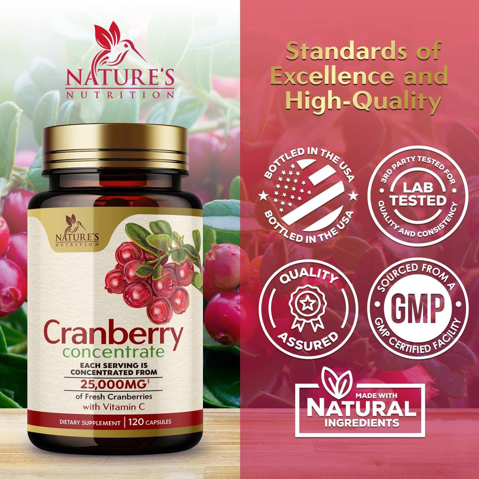 Nature's Nutrition Cranberry Concentrate Extract Supplement for Women & Men + Vitamin C & E - 25,200mg Formula for Urinary Tract Health Support, Non-GMO and Gluten Free, Cranberry Pills Supplement - 120 Softgels