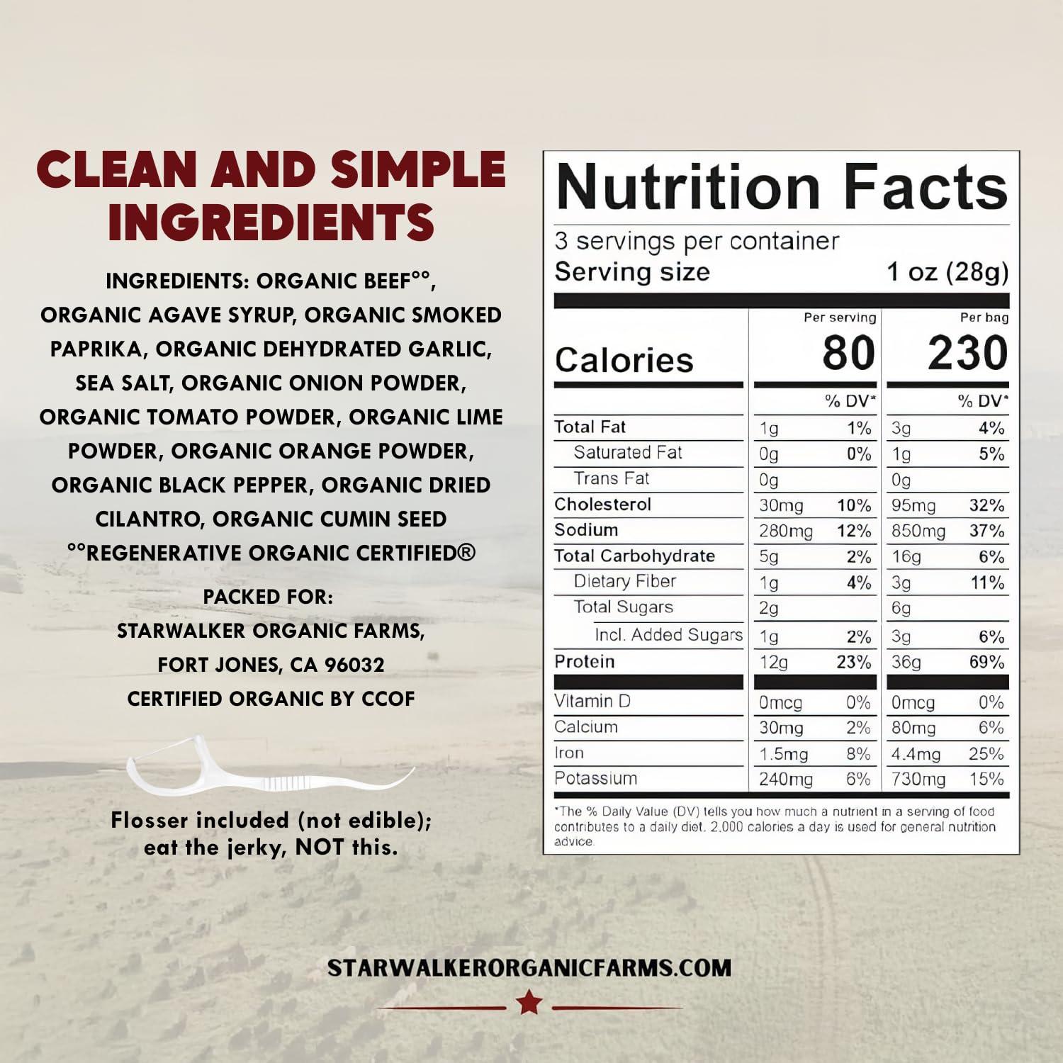 StarWalker Organic Farms StarWalker Organic Farms Carne Asada Beef Jerky Certified Organic, 36g Protein, No Nitrates or Preservatives, Grass-Fed, 3 oz Bag