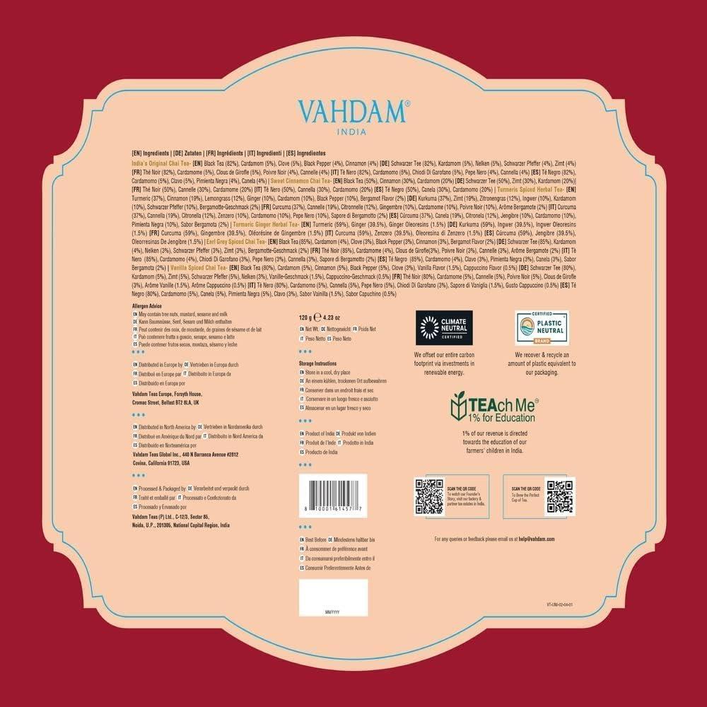 VAHDAM VAHDAM, Assorted Chai Tea Variety Pack (6 Delicious Flavors, 36 Eco Friendly Pyramid Tea Bags) Caffeinated, Gluten Free, Non GMO | Indian Masala Chai Tea Blends | Valentines Day Tea Gift Sets
