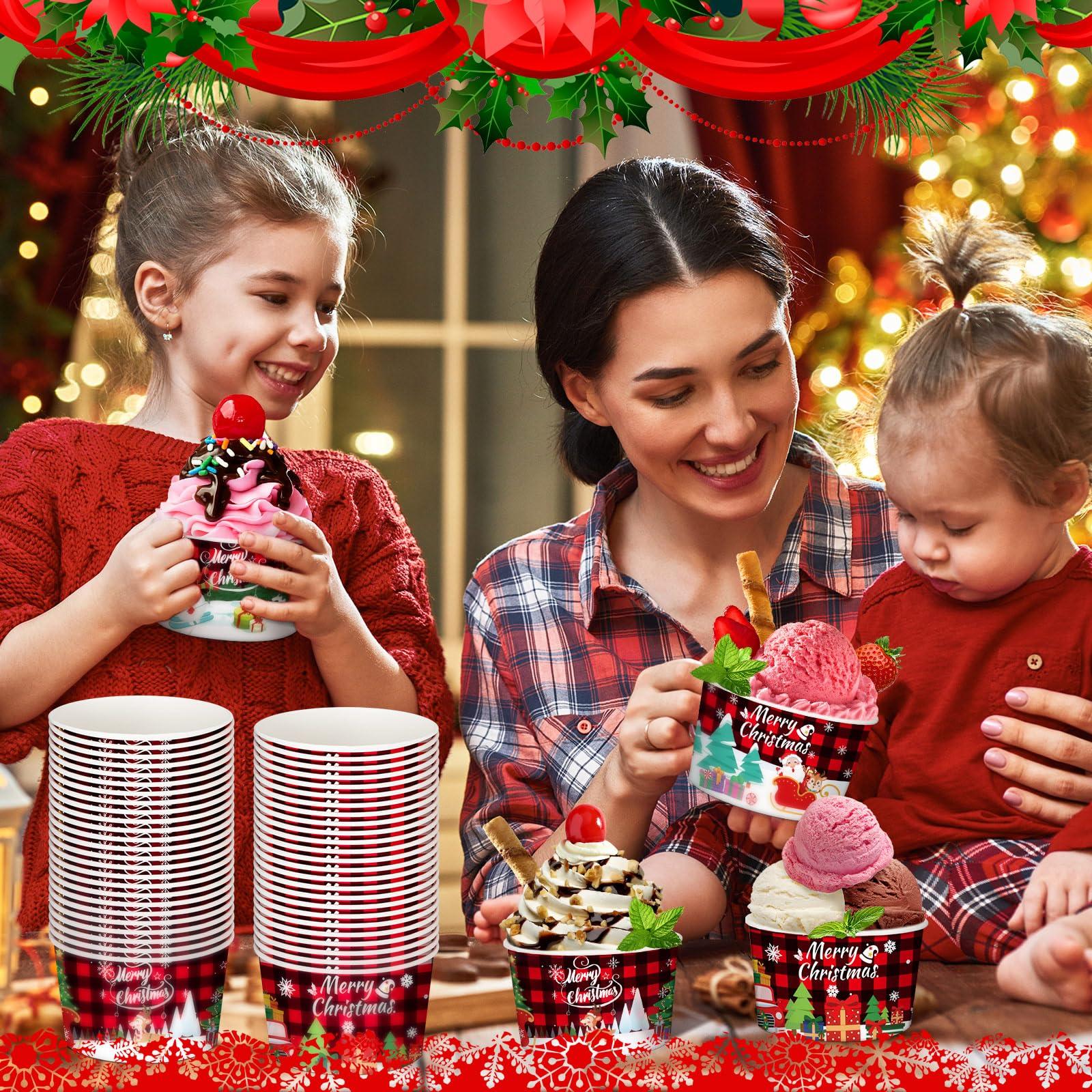 Domensi Domensi 100 Pcs Christmas Treat Snack Cups 12 oz Xmas Themed Paper Treat Food Snack Disposable Paper Bowls Holiday Ice Cream Snack Bowls for Parties Merry Christmas Paper Dessert Cups (Stylish)