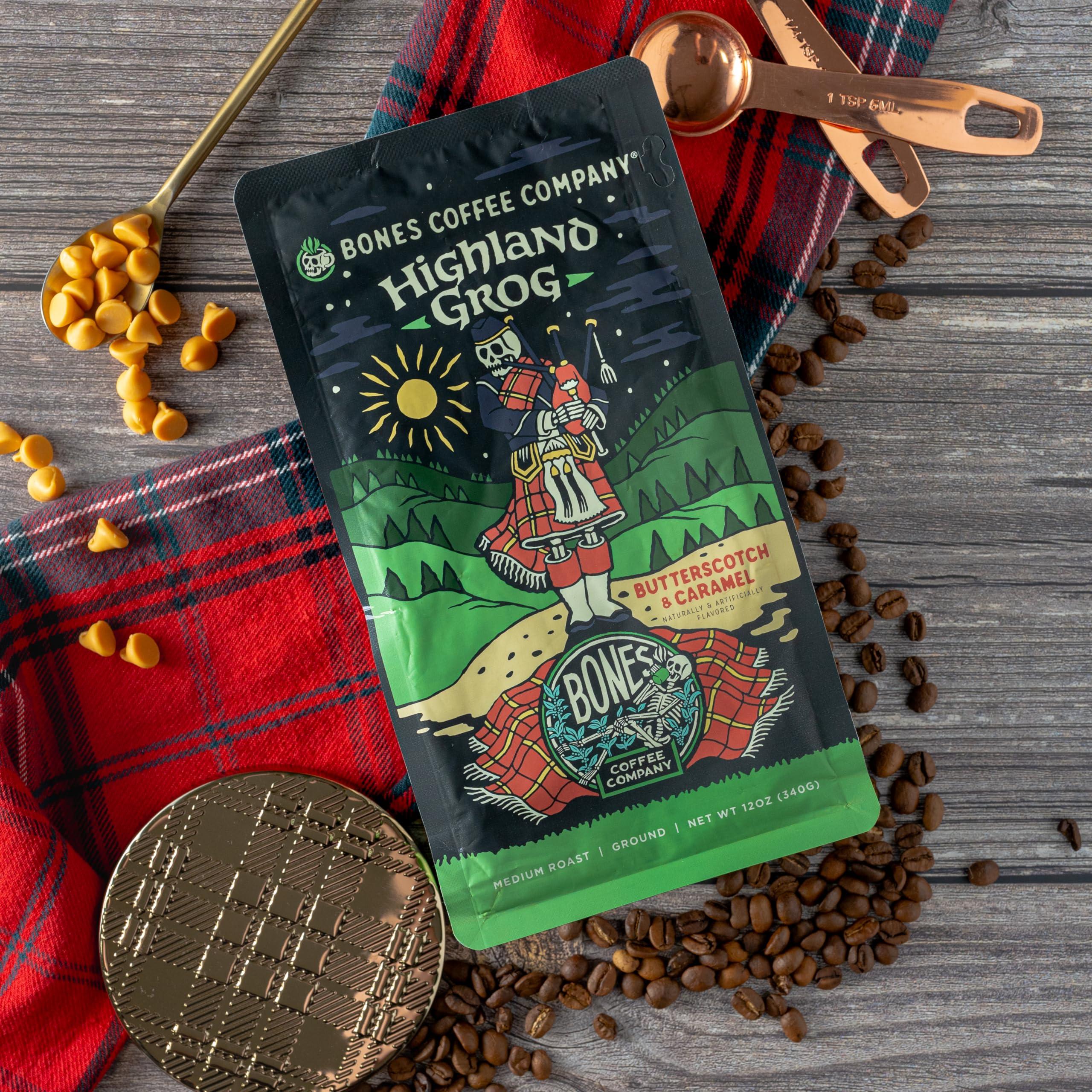 Bones Coffee Company Bones Coffee Company Highland Grog Flavored Coffee Beans, Medium Roast Ground Coffee Low Acid, Butterscotch Caramel Flavor (12 oz)