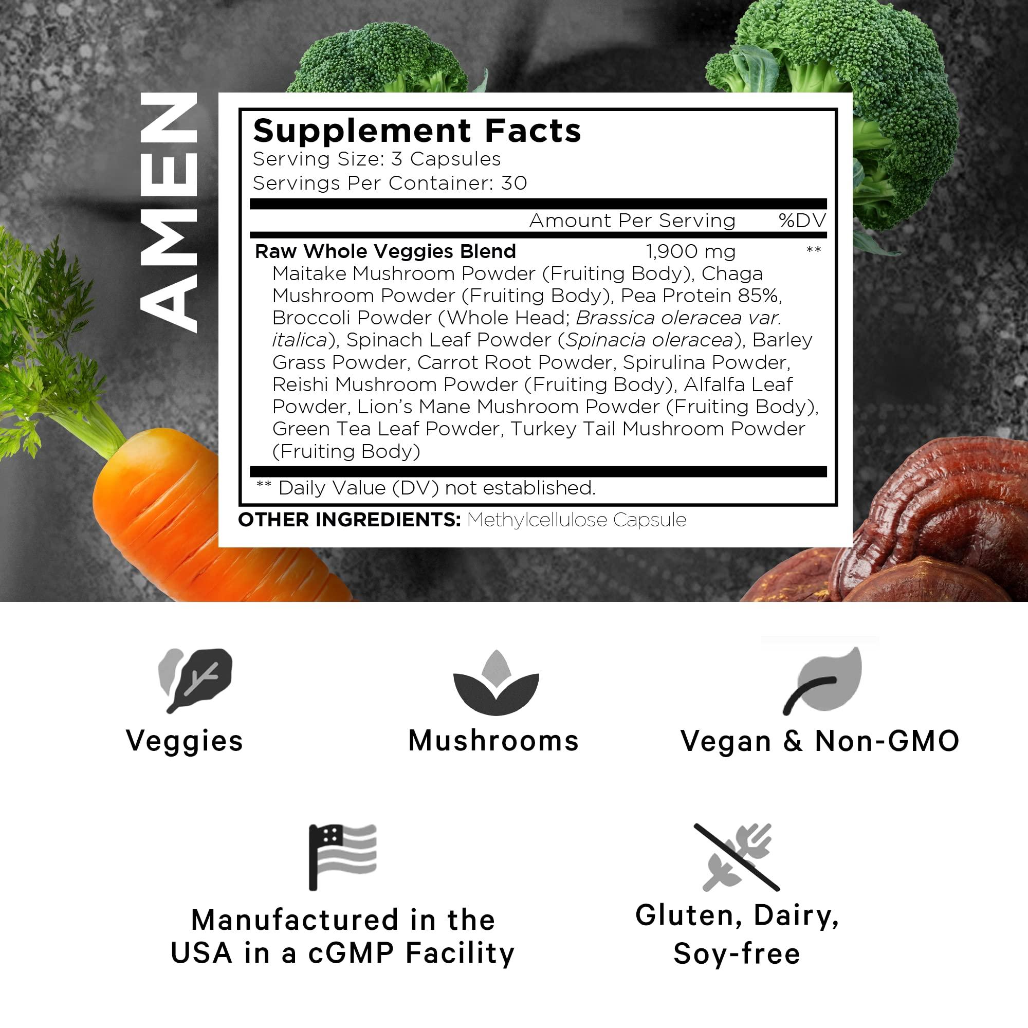 Amen Amen Veggies, Daily Veggies Vitamins Supplement, Vegetables Vegan Blend & Whole-Food Raw Greens Multivitamin Capsules, Mushroom Complex, Superfood, Minerals, Green Vegetable Nutrients, Non-GMO, 90 ct