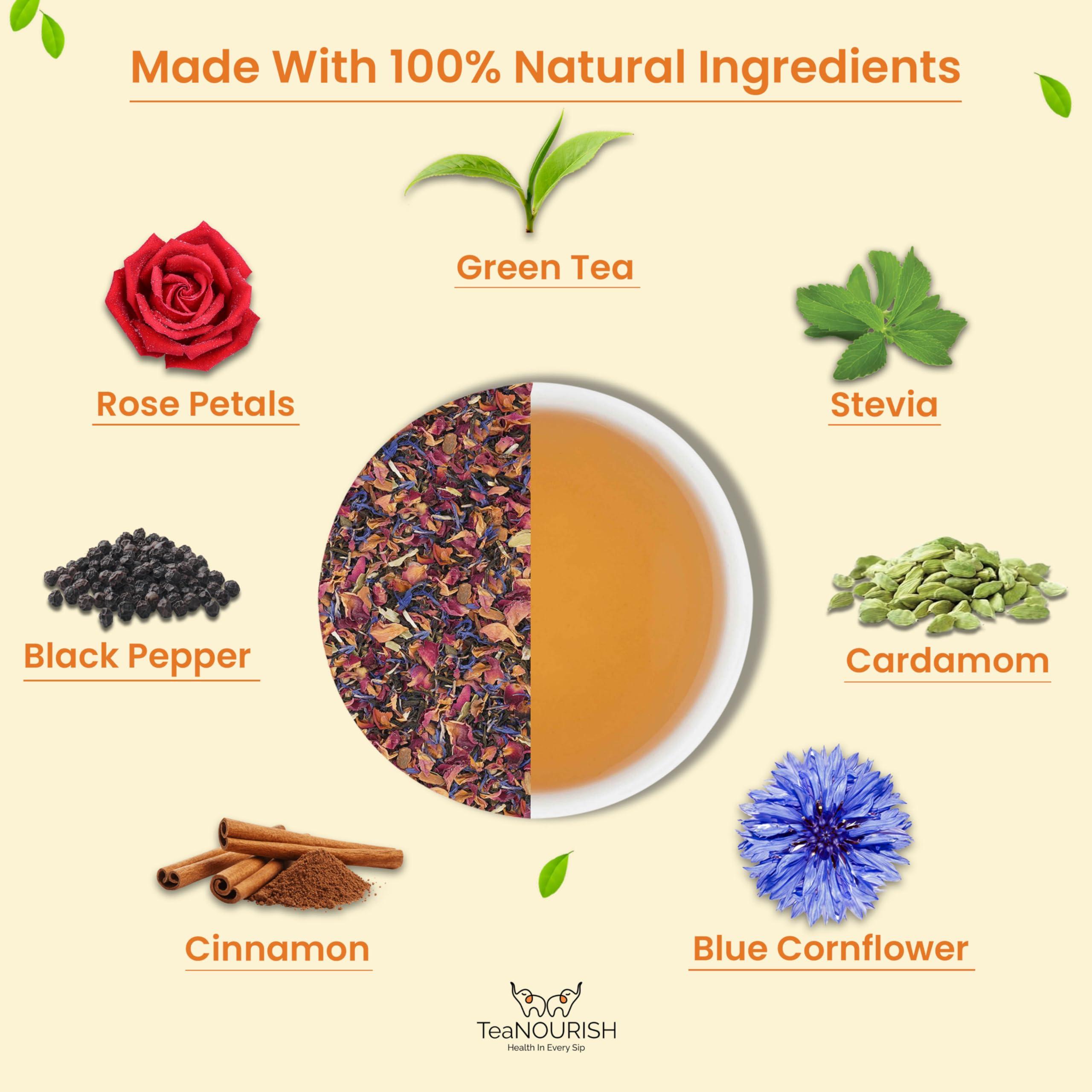 TEANOURISH TeaNOURISH Mountain Rose Green Tea | Loose Leaf Tea | Blended with Rose Petals, Blue Cornflower & Cinnamon | 100% NATURAL INGREDIENTS | Brew Hot or Iced Tea - 1.76oz/50g