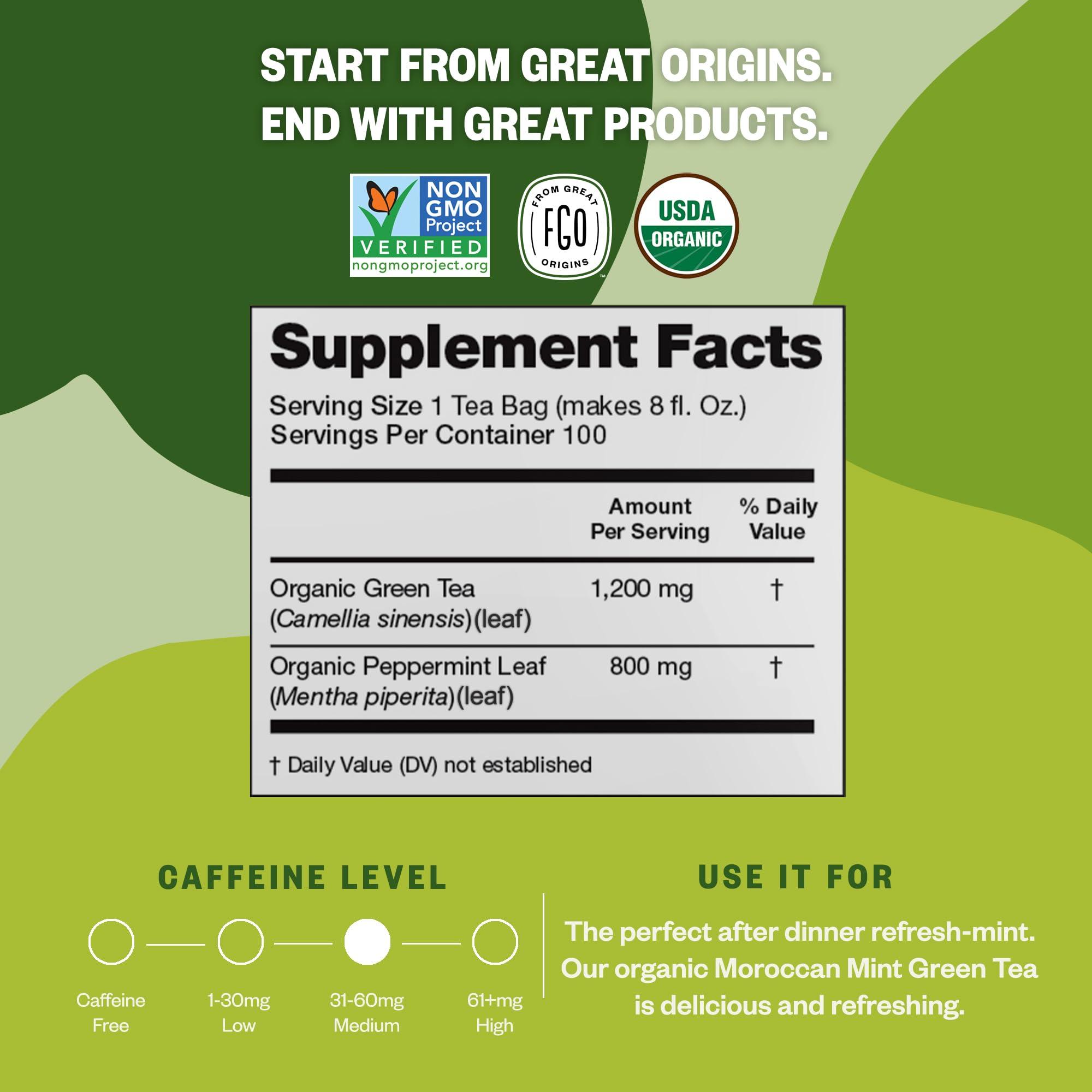 FGO FGO Organic Moroccan Mint Green Tea, 100 Count, Eco-Conscious Tea Bags, Resealable Bag, Packaging May Vary (Pack of 1)