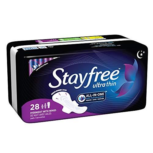 Stayfree Stayfree Ultra Thin Overnight Pads with Wings, For Women, Reliable Protection and Absorbency of Feminine Moisture, Leaks and Periods, 28 Count