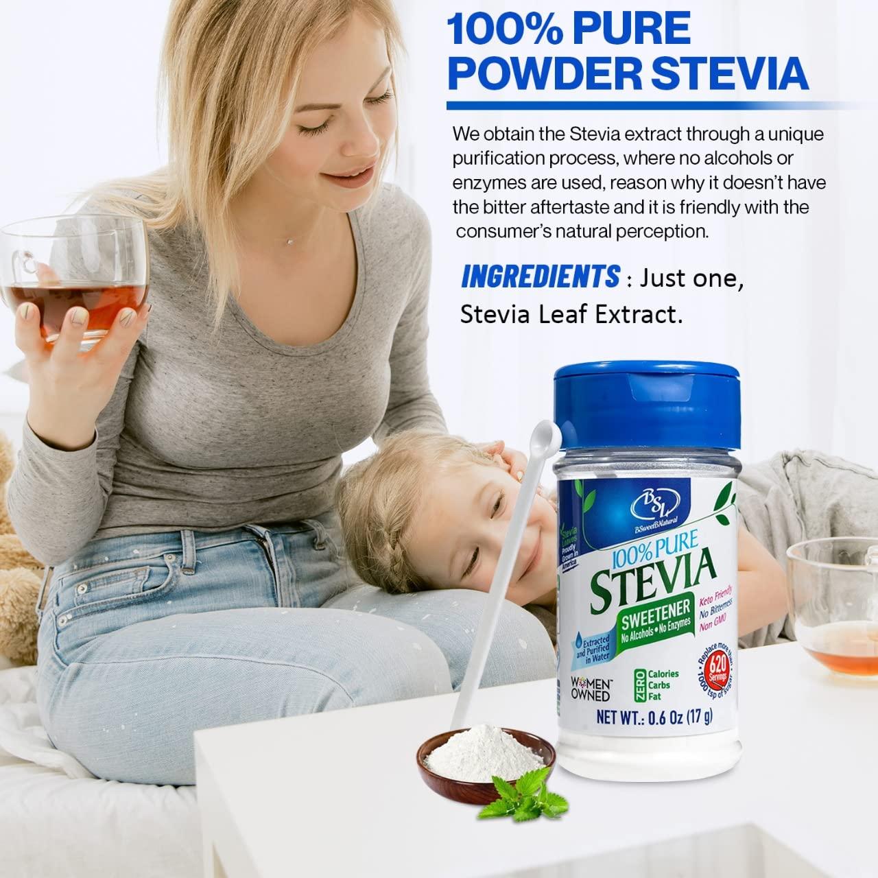 BSL BSWEETBNATURAL BSL 100% Pure Stevia Extract Powder Without Erythritol 0.6 Oz, No Artificial Sweetener, 620 Servings | Stevia No Erythritol | Zero Calorie & Keto Friendly, Pure Stevia Powder