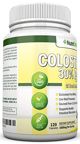 NutriONN Colostrum - 1000mg - 120 Capsules - 30% IgG - Non-GMO US Dairy - First Milking Bovine Colostrum - Low Heat Processed - Great for GI Tract Health - Immune Support - Bone and Muscle Health