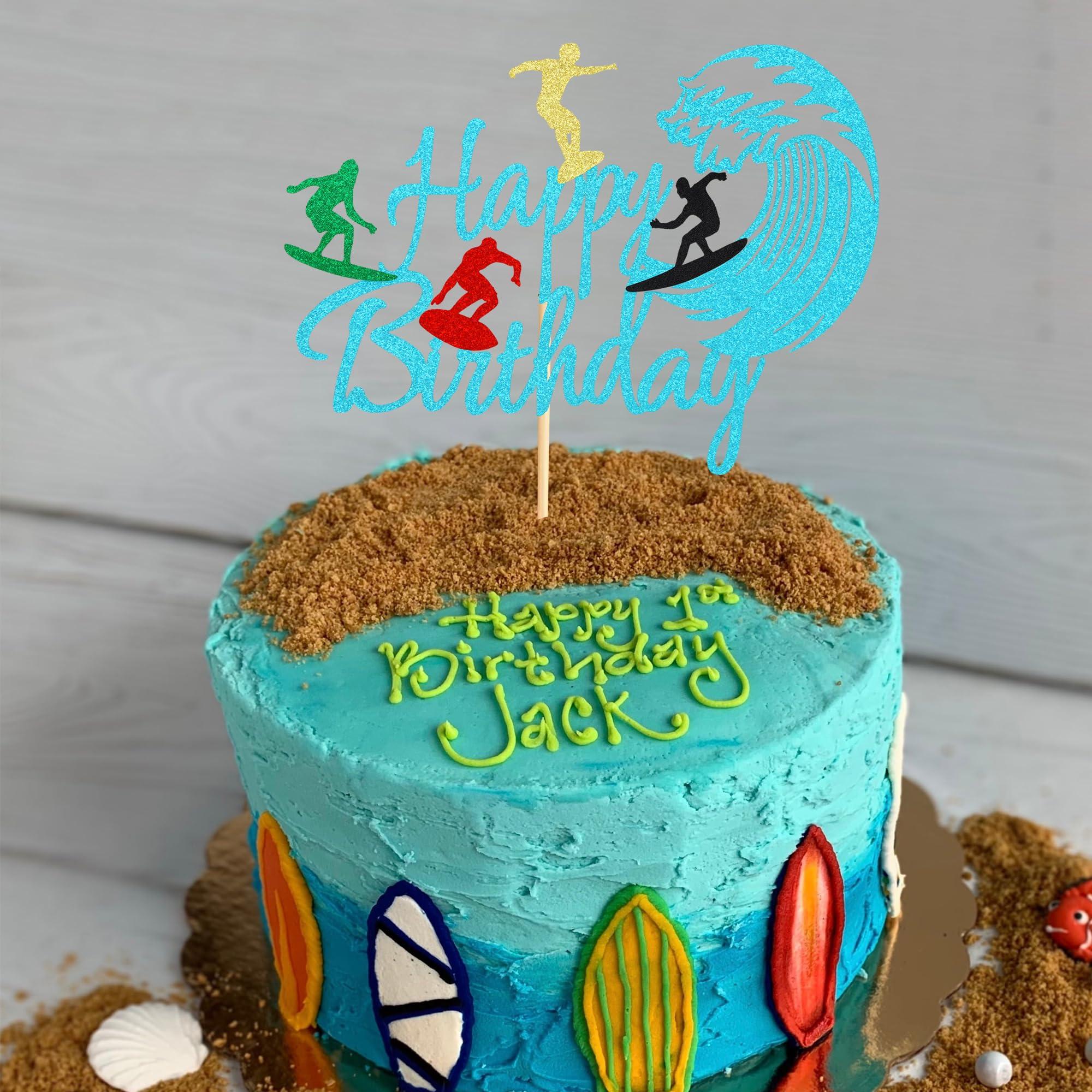 Arthsdite Arthsdite 1 Pc Surfing Happy Birthday Cake Topper, Surfboard Birthday Cake Topper for Summer Hawaii Beach Surfing Sports Surfer Themed Party Decorations - Blue Glitter