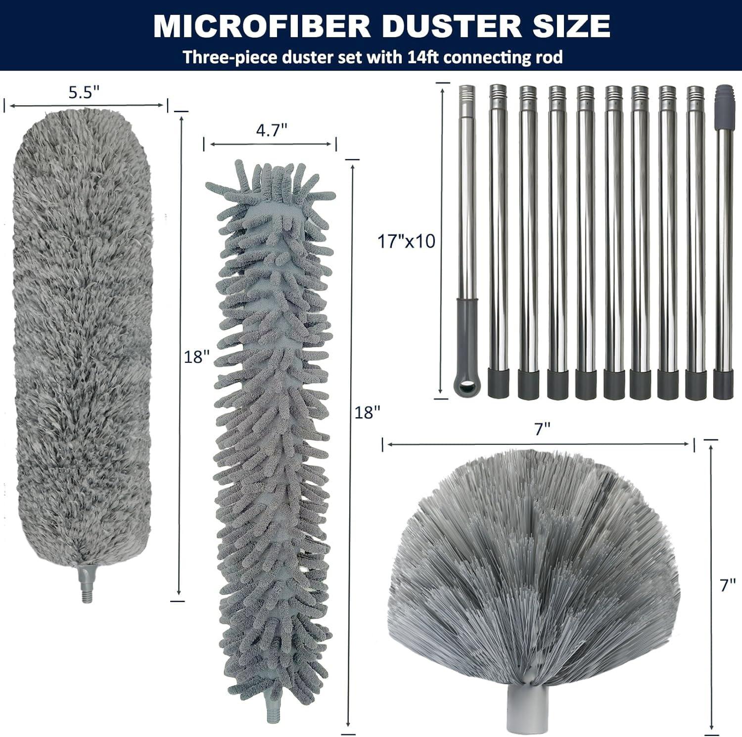 Tockrop 20+ Feet High Reach Duster Kit with 3-14 ft Extension Pole for Cleaning Fan, Spider Web, High Ceiling, Blinds, Furniture, Cars - Cobweb Microfiber Duster // Outdoor & Indoor Extendable Duster