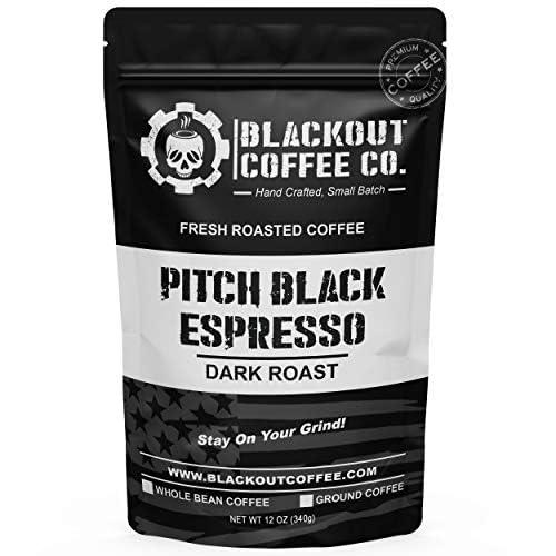 Blackout Coffee Co. Blackout Coffee, Pitch Black Espresso Extra Dark Roast Coffee, Aromatic, European-Style Espresso Coffee, Small Batch Fresh Roasted in the USA 12 oz Bag (Whole Bean Coffee)