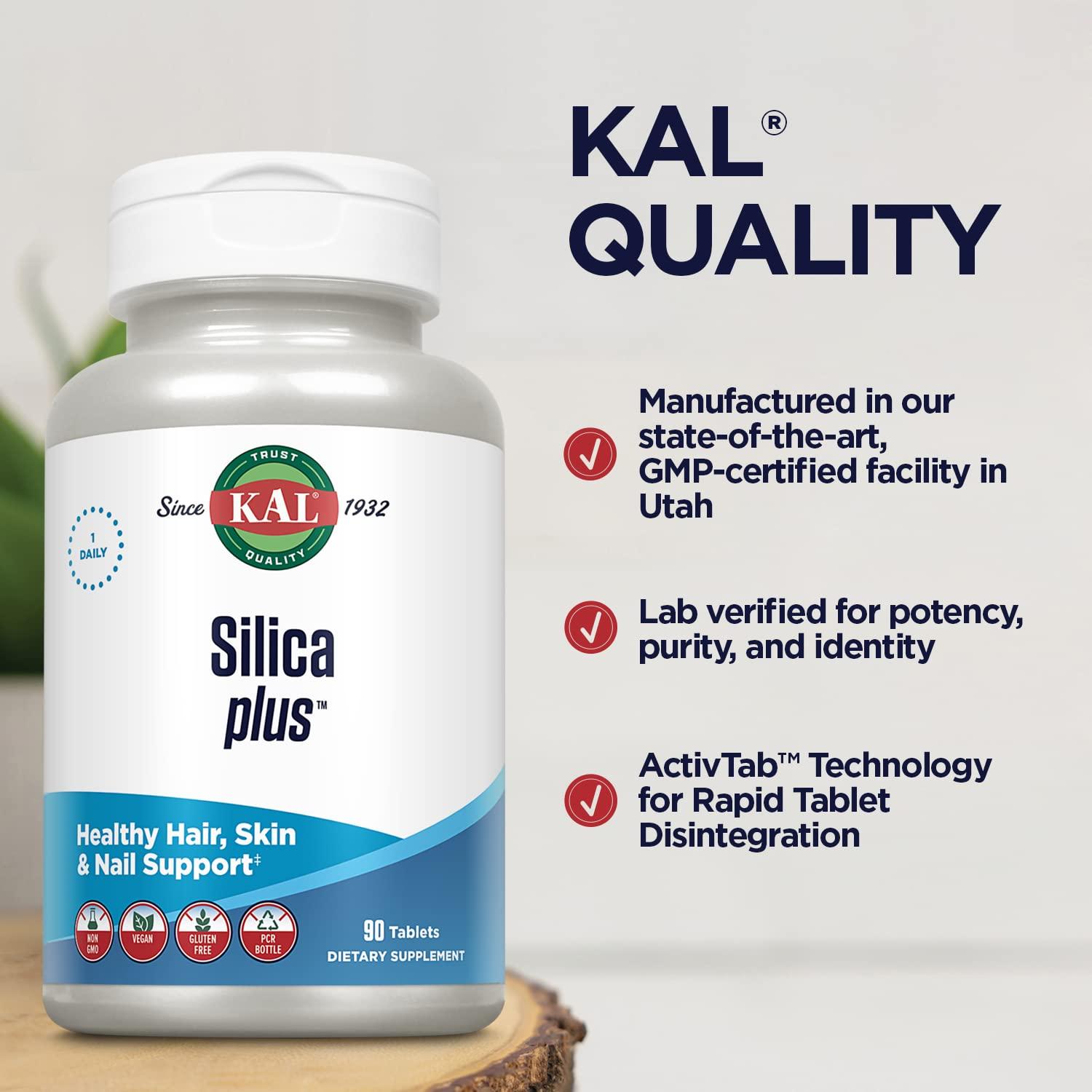 KAL KAL Silica Plus, Silica Gel with Horsetail Extract, Healthy Hair, Skin & Nails Support, Maximum Absorption, Vibrant Hair, Glowing Skin Supplement, Vegan, Gluten Free, 90 Serv, 90 Quick Dissolve Tabs