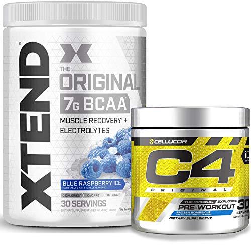 Cellucor Cellucor Pre Workout & BCAA Bundle, C4 Original Pre Workout Powder, ICY Blue Razz, 30 Servings + XTEND BCAA Powder, Blue Raspberry, 30 Servings