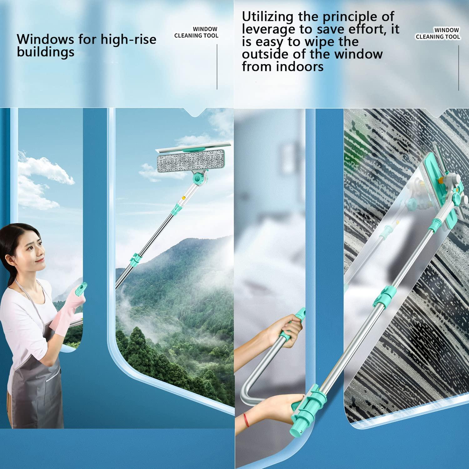 WWBDZSW Window Cleaner Tool Kit with Telescopic U Shaped Pole,Squeegee for Window Washing,Rotatable Cleaning Head and Floating Mechanism,Clean without Leaving Dead Ends-green||Floating 3 cloth