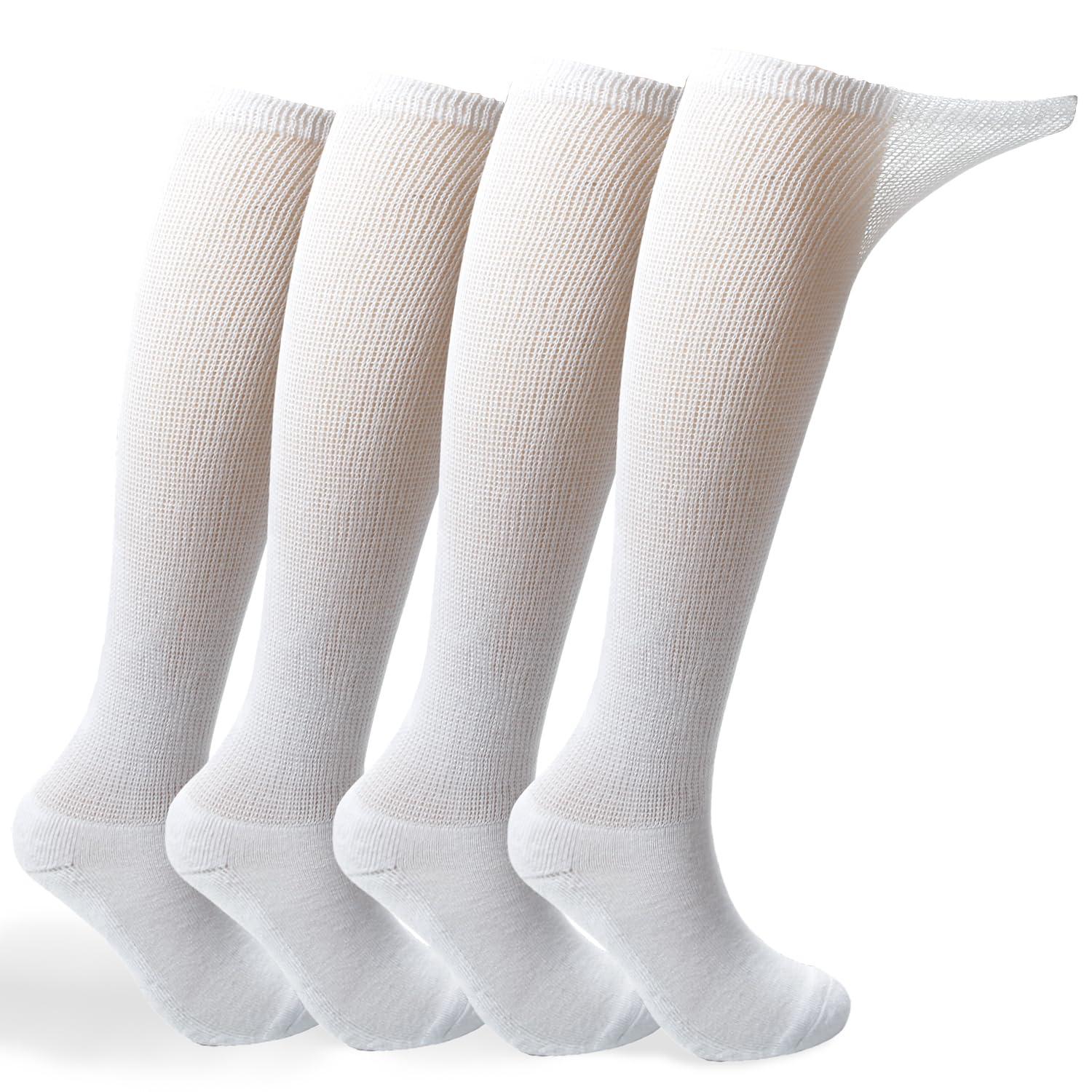 +MD +MD Diabetic Socks for Men and Women, Extra Wide Non-Binding Over the Knee High Calf Circulatory Socks with Cushioned Sole (4 Pairs White,10-13)