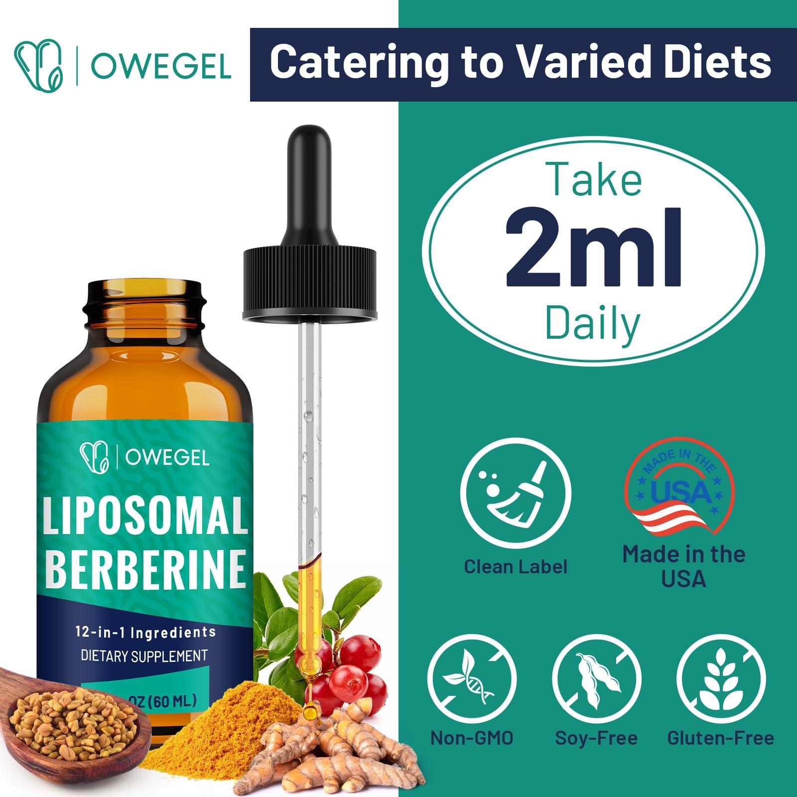 owegel owegel Berberine HCL Supplement 3000mg - Highly Absorbable Liposomal Berberine Liquid Drops - 12 in 1 Natural Ingredients - AMPK Activator - Supports Digestive - 2 Fl Oz