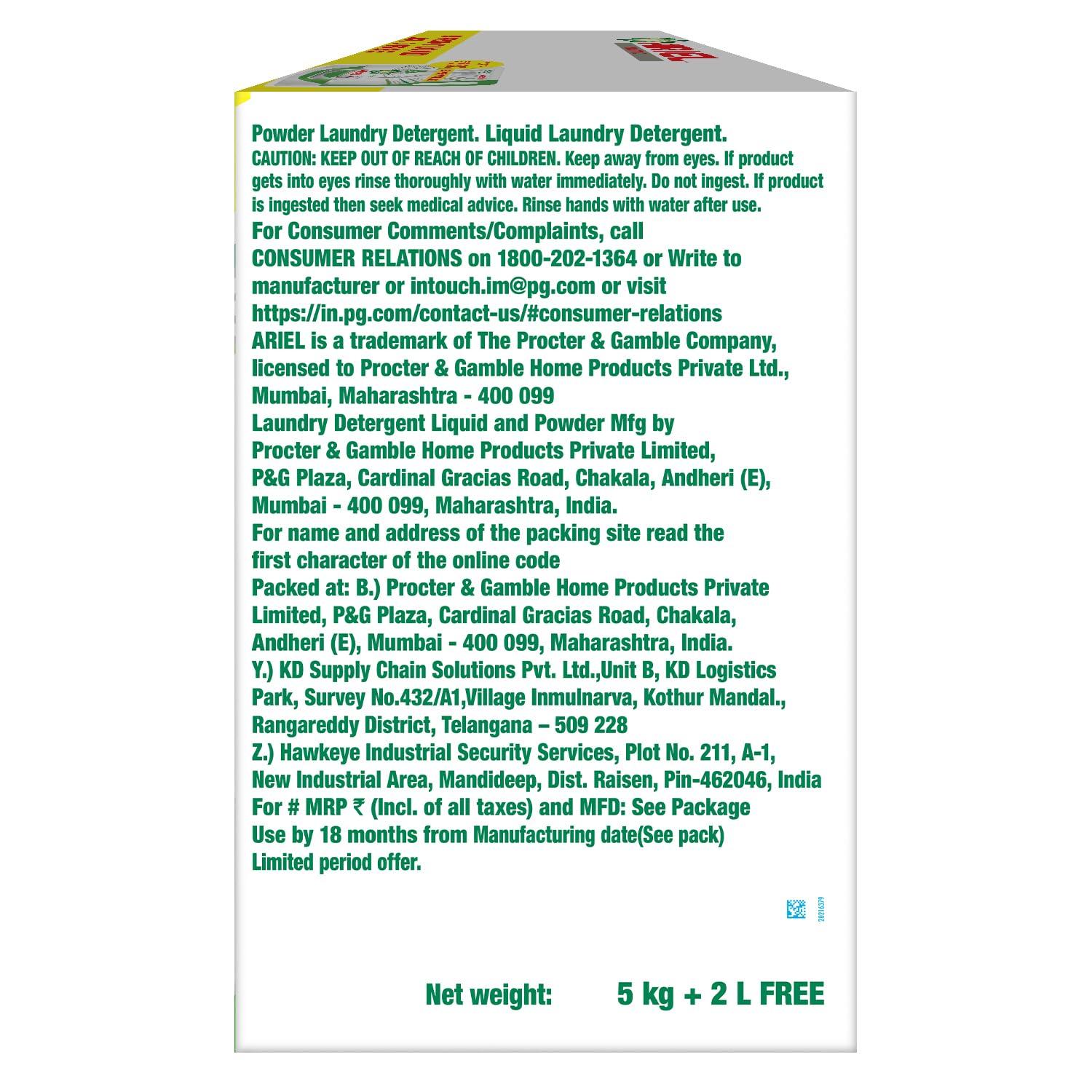 ARIEL Ariel Matic Front Load Detergent Powder 5kg + Ariel Matic Front Load 2L Liquid Free