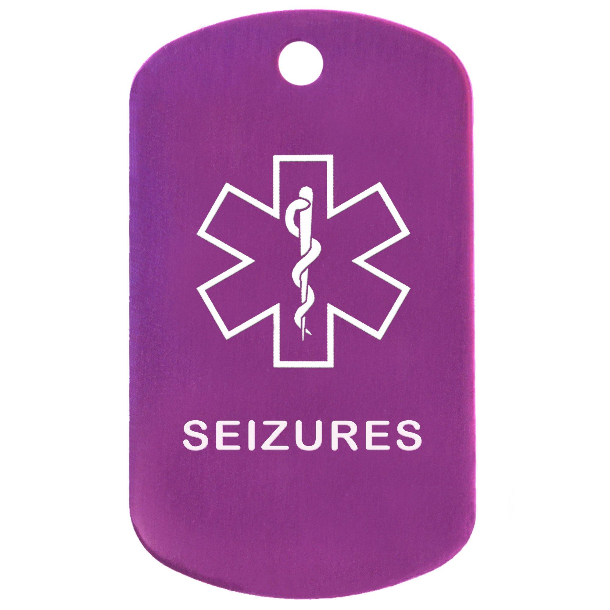 Goods For Giving Custom 2 Pack - Seizures Medical Alert ID Necklaces with Purple Custom Tags, Purple Silencers, and 30'' USA Chains