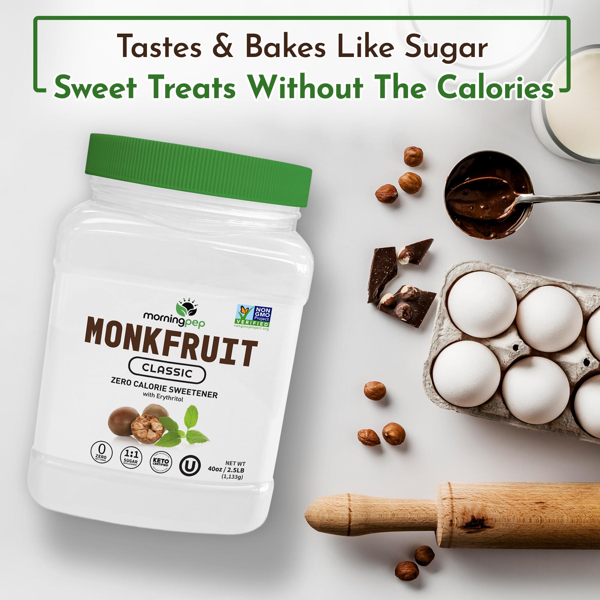 Morning Pep Morning Pep Monk Fruit Sweetener, Classic | White Sugar Substitute, Keto Diet Friendly, 1:1 Sugar Replacement, For Baking, Coffee, Tea, Zero Calorie Non Gmo Project Verified, OU Kosher, White - 2.5 lb