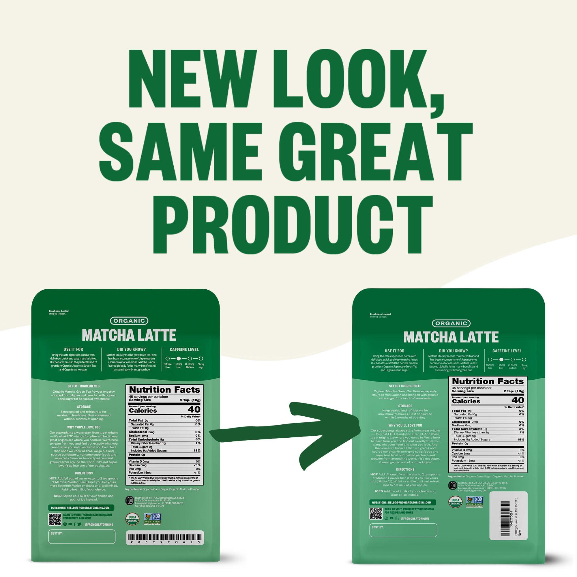 FGO FGO Organic Matcha Latte Powder, 16 Ounce Bulk Resealable Bag, Japanese Matcha with Organic Cane Sugar, Lightly Sweetened, Packaging May Vary (Pack of 1)