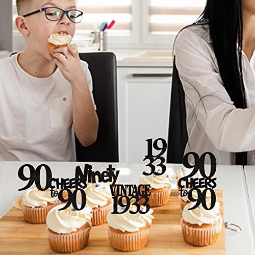 Rsstarxi Rsstarxi 24 Pack 90th Birthday Cupcake Toppers Black Glitter Vintage 1933 Cupcake Picks Ninety Cheers to 90 Years Old Birthday Cupcake Topper for Happy 90th Birthday Anniversary Party Cake Decorations
