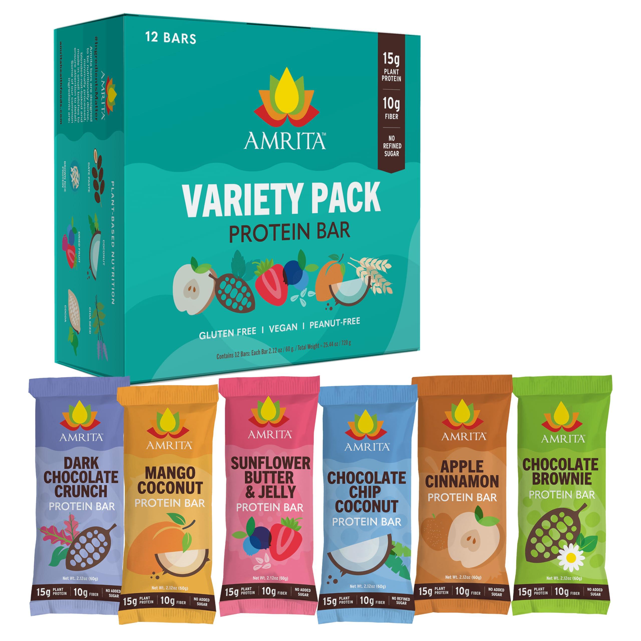 Amrita AMRITA Vegan Protein Bars Variety Pack (6 Flavors) | Peanut/Dairy Free, Soy & Gluten Free | 15g Plant Based Protein Bars | High Fiber Low Sugar Meal Replacement Bar - Breakfast Bars, High Protein Bars