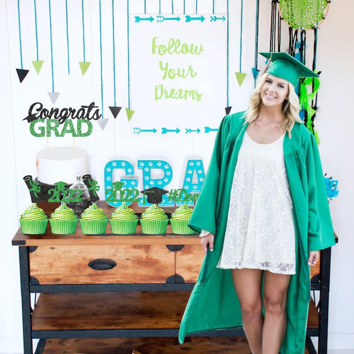 Kreatwow Graduation Cake Decorations 2022 Green Congrats Grad Cupcake Topper Picks for Class of 2022, I do I did Im Done High School College University Graduation Party Supplies 25 Pcs