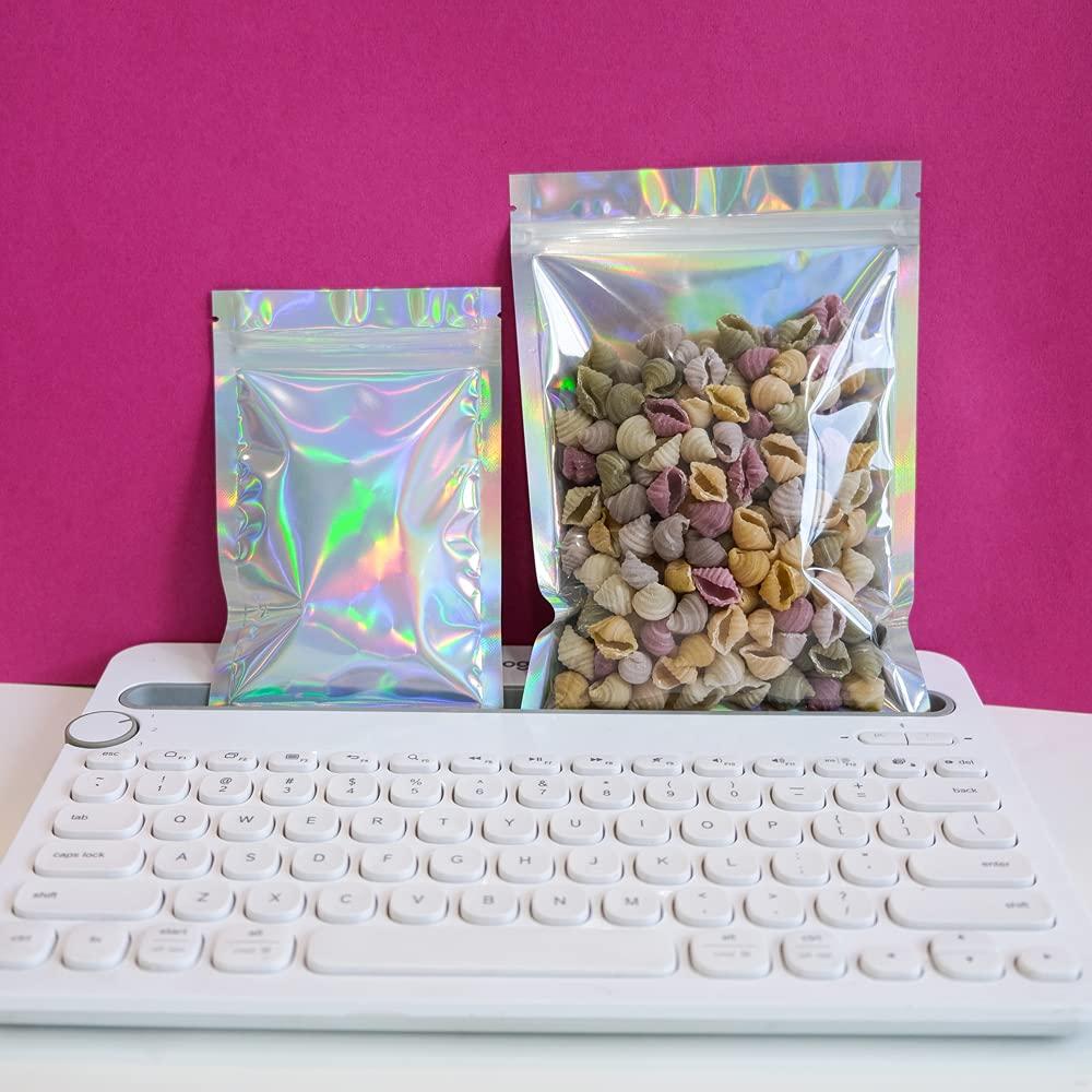 FYATTVA 100 Pieces Mylar Holographic Resealable Bags - 4 x 6" Smell Proof Bags, Foil Pouch Ziplock Bags for Party Favor Food Storage (Holographic Color, 4 x 6 Inch)