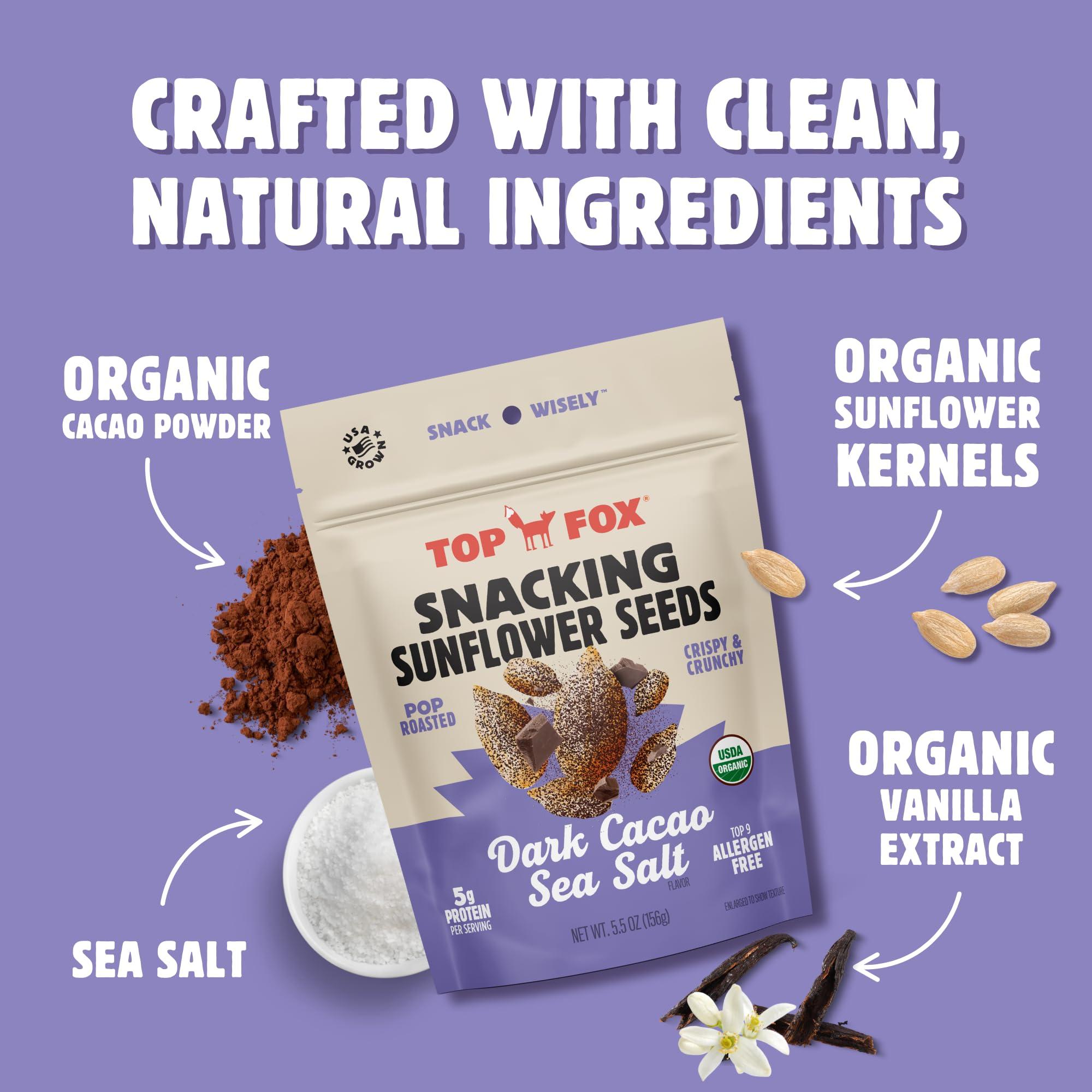 TOP FOX Top Fox Snacks - Organic Pop-Roasted Sunflower Seeds | Healthy Protein Snacks - Gluten Free - Keto and Vegan Friendly (Dark Cacao Sea Salt, 5.5 oz - 6 Pack)