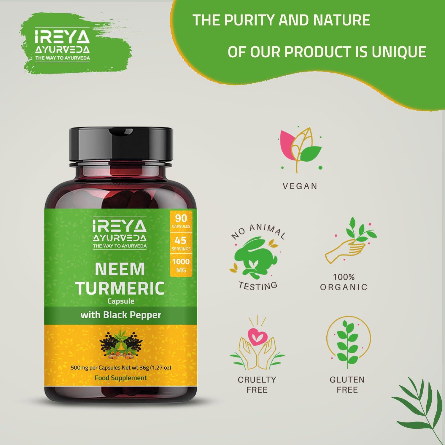Ireya Ayurveda Neem Turmeric Capsules | 90 Capsules 1000mg | Neem Capsules Made Black Pepper Neem, Turmeric, & Black Pepper | (90 Capsules)