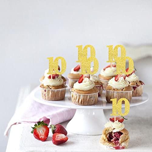 ZHUOWEISM 30 PCS Number 10 Cupcake Toppers Glitter Cheers to 10 years Old Birthday Cupcake Picks 10th Birthday Wedding Anniversary Party Cake Decorations Supplies Gold